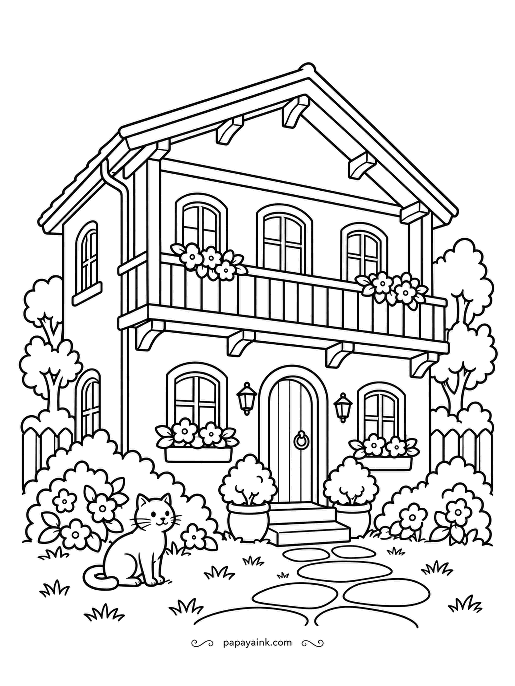 House Coloring Pages - The second-floor balcony runs the full width of this Monterey-style house, with flower boxes along the rail and a lantern on each side of the arched door. A cat sits in the flowers by the fence. Adobe tones for the walls, dark wood above.