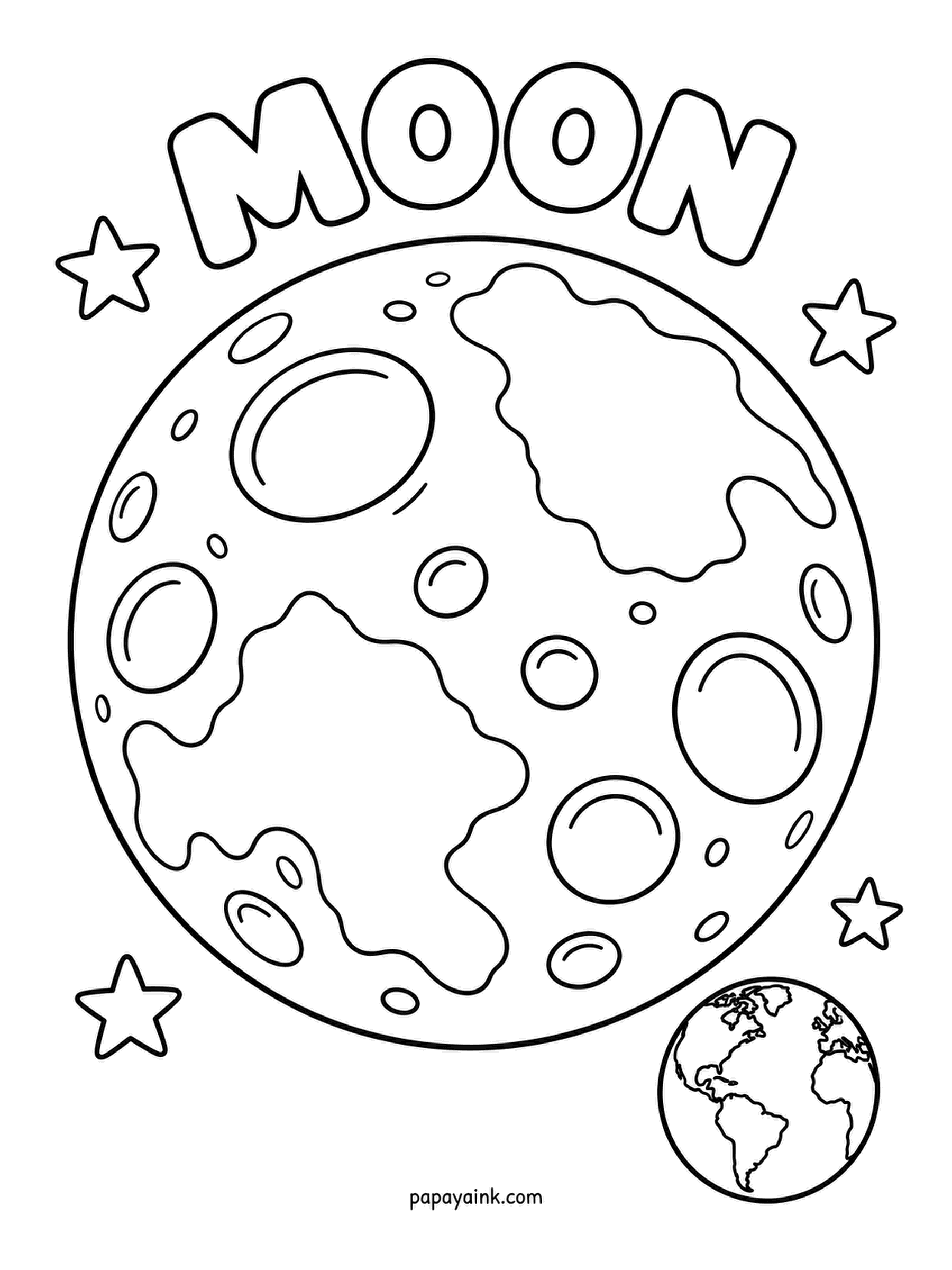 Planet Coloring Pages - The Moon with its dark plains and bright highlands, and a small Earth watching from the corner. Color the smooth patches in soft gray and the cratered highlands almost silver, then make Earth the only splash of green on the page.