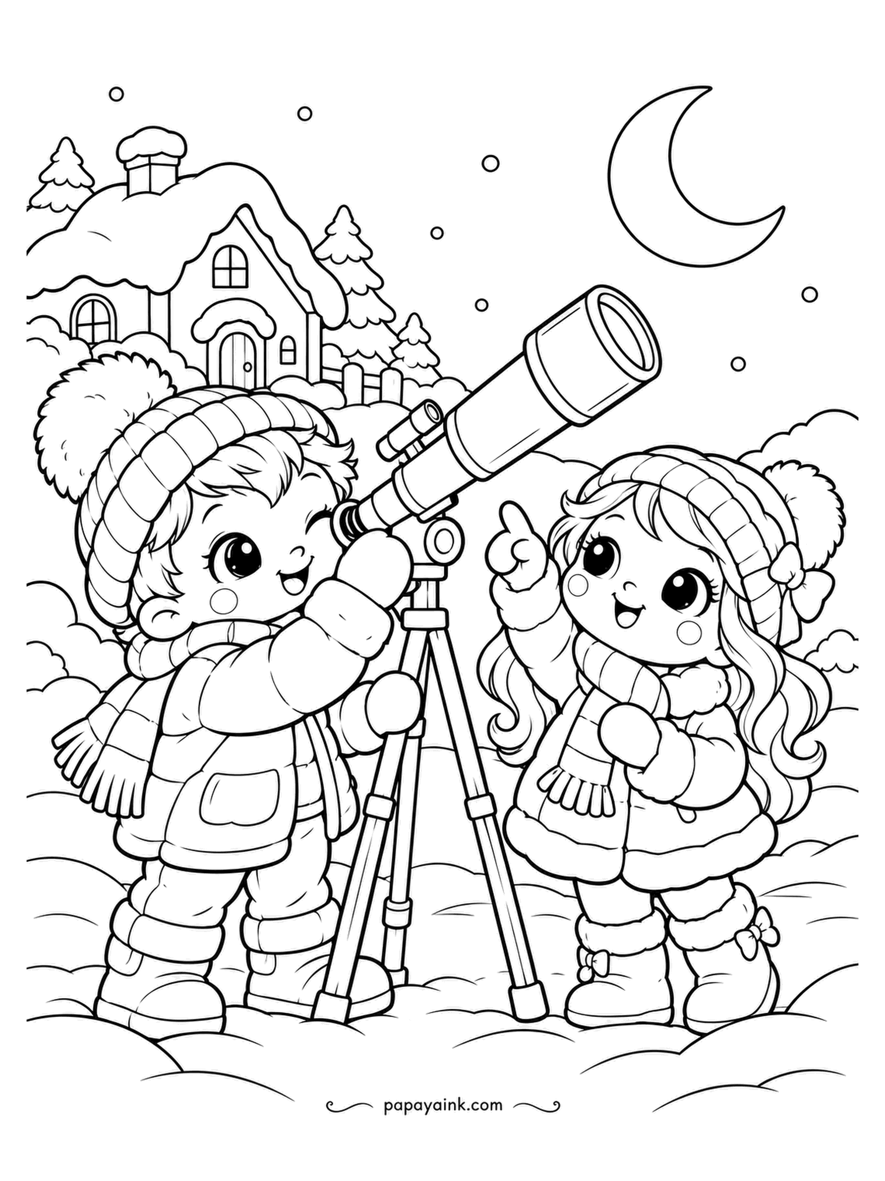 Cute Winter Coloring Pages - Moon viewing, two kids: the boy has his eye to the telescope and the girl points up at the crescent over the cottage. Snow on the roof, flakes in the air. Dark sky, yellow moon, and the cottage windows lit.