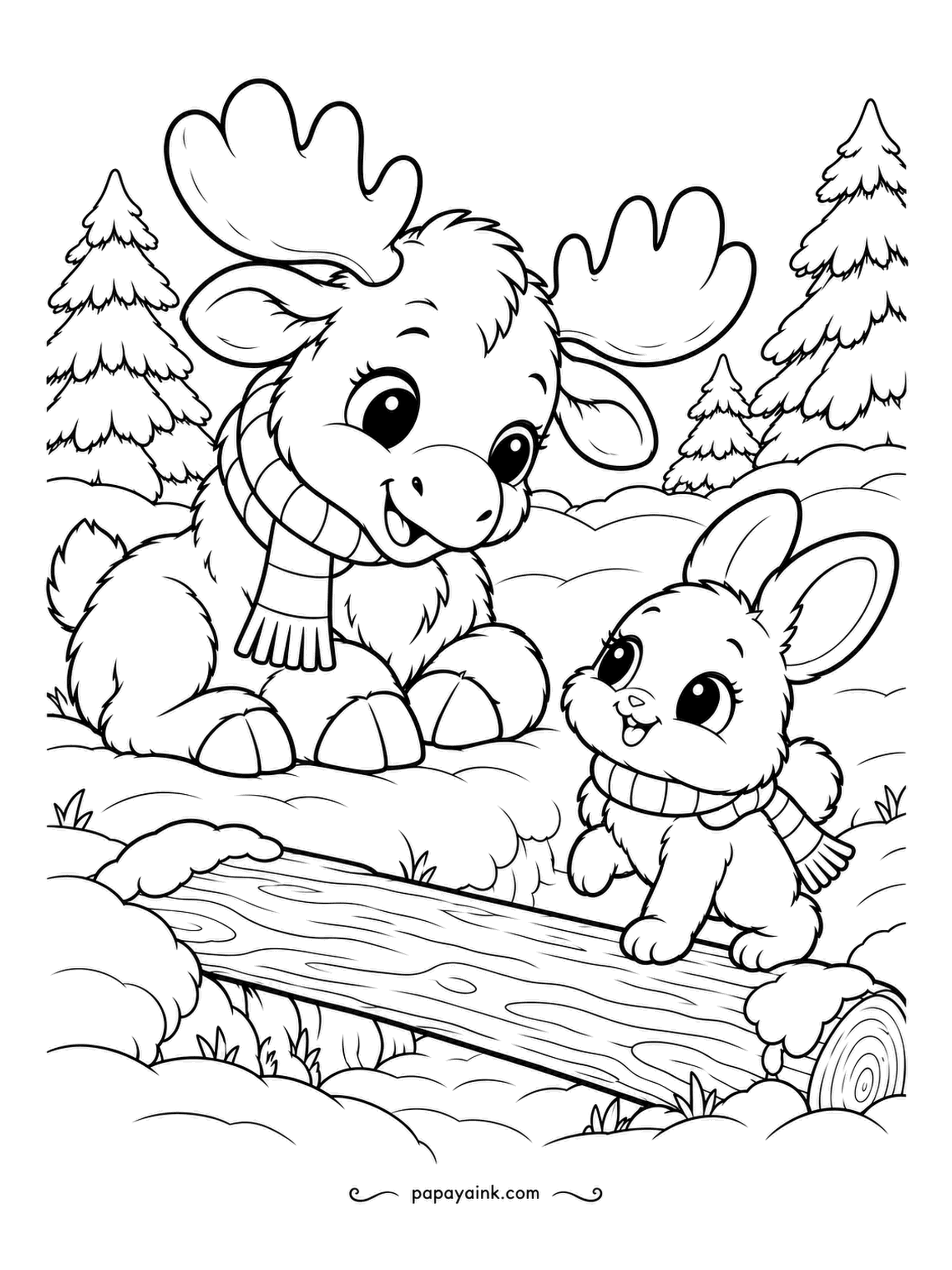 Cute Winter Coloring Pages - Crossing by log: the moose calf in a scarf waits at the far end while the bunny takes the log bridge one careful hop at a time. Spruces on both banks. Brown moose, white bunny, and the log in bark gray.