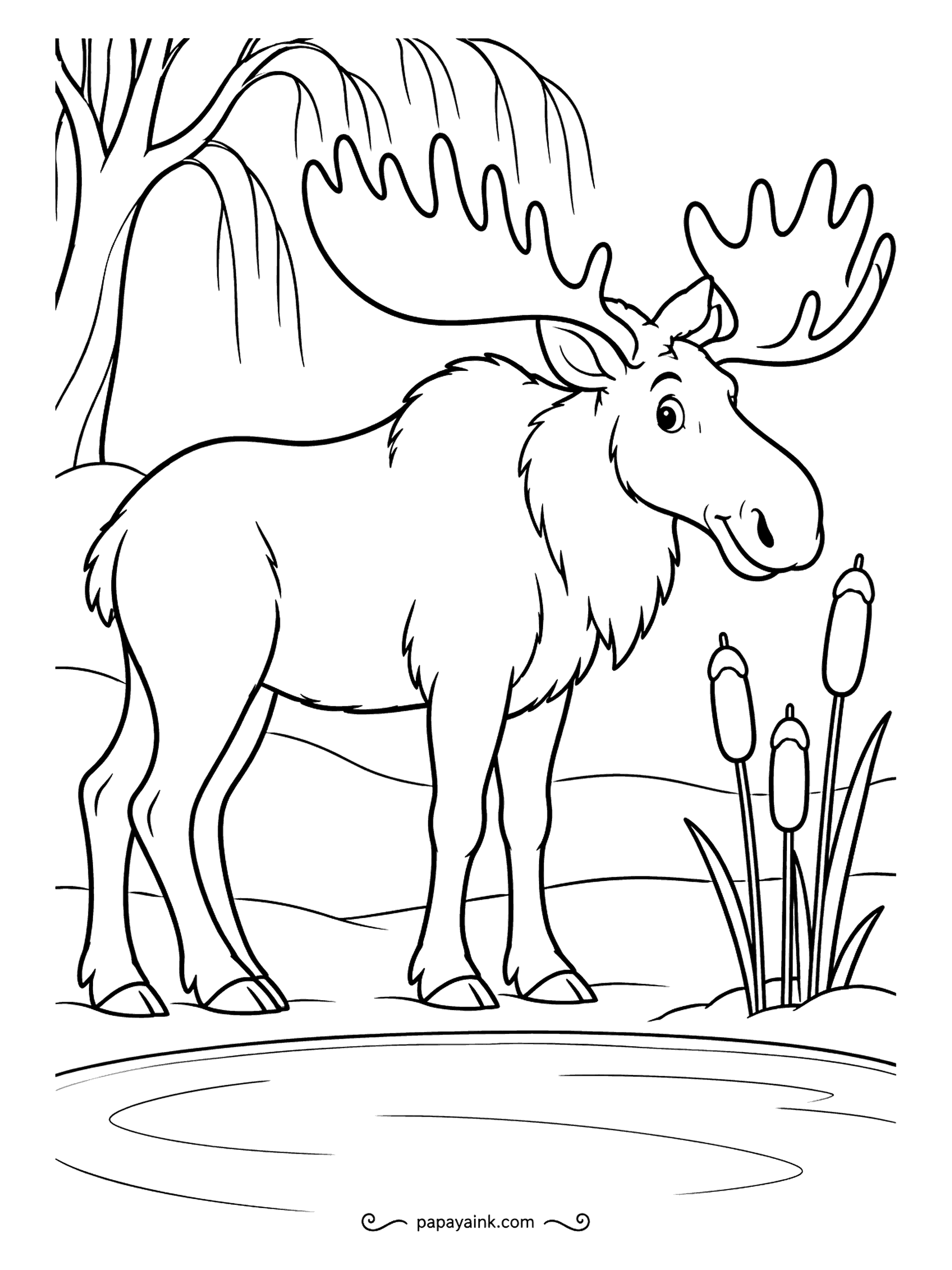 Free Printable Winter Coloring Pages - A bull moose with full antlers stands by a frozen pond, cattails poking through the snow and a willow trailing overhead. The antlers are the only complicated shape here. Dark brown body, pale antlers, cattails in rust.