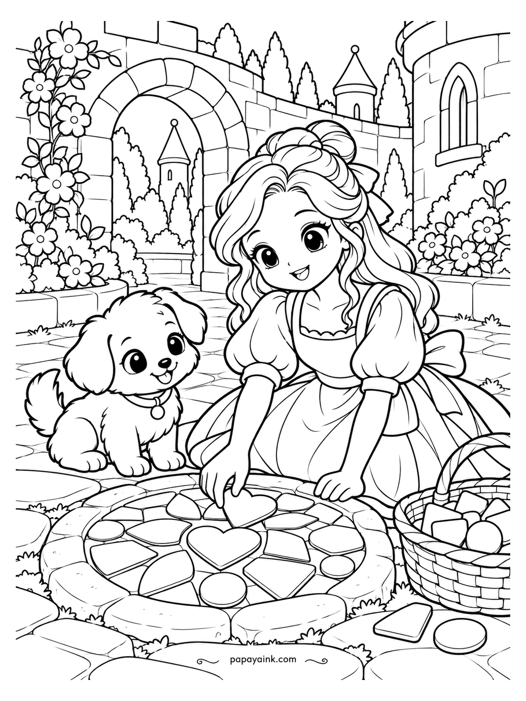 Kawaii Princess Coloring Pages - Last tile goes in the middle. The princess presses a heart into the round stepping stone, the puppy checks her work, and the basket of spare tiles waits for the next one. Each tile its own shade - a page that rewards many pencils.