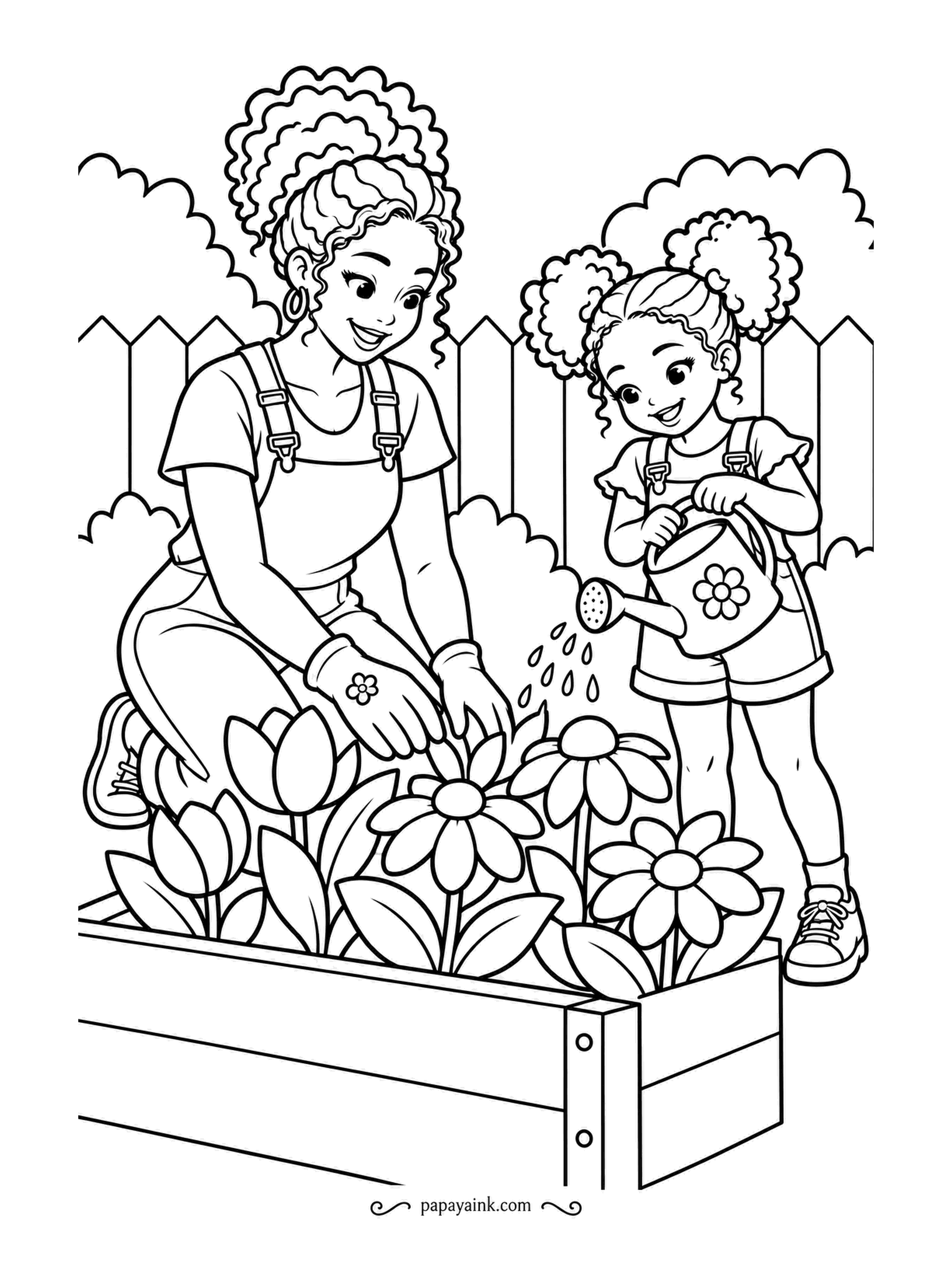 Garden Coloring Pages - Side by side at a raised bed, a mother in gardening gloves settles a plant as her daughter tips a watering can over the tulips and daisies. Overalls on both. Denim blue for the overalls and bright flowers in the bed make this sing.