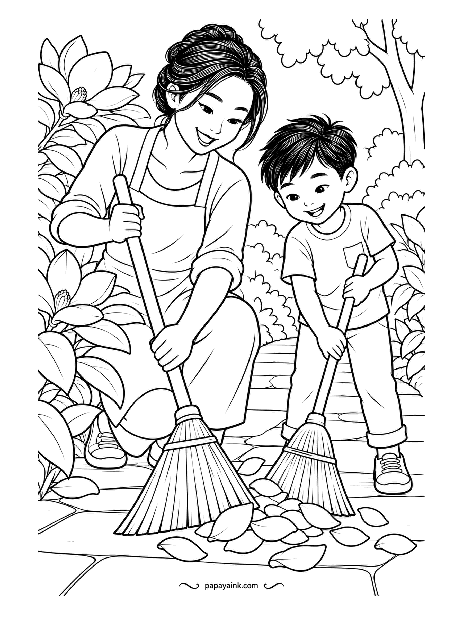 Garden Coloring Pages - Two brooms, one big and one small, sweep fallen petals off a stone path beside a magnolia in bloom. Mother and son are both grinning at the job. Pale pink for the petals on the ground, a warm gray for the stones.