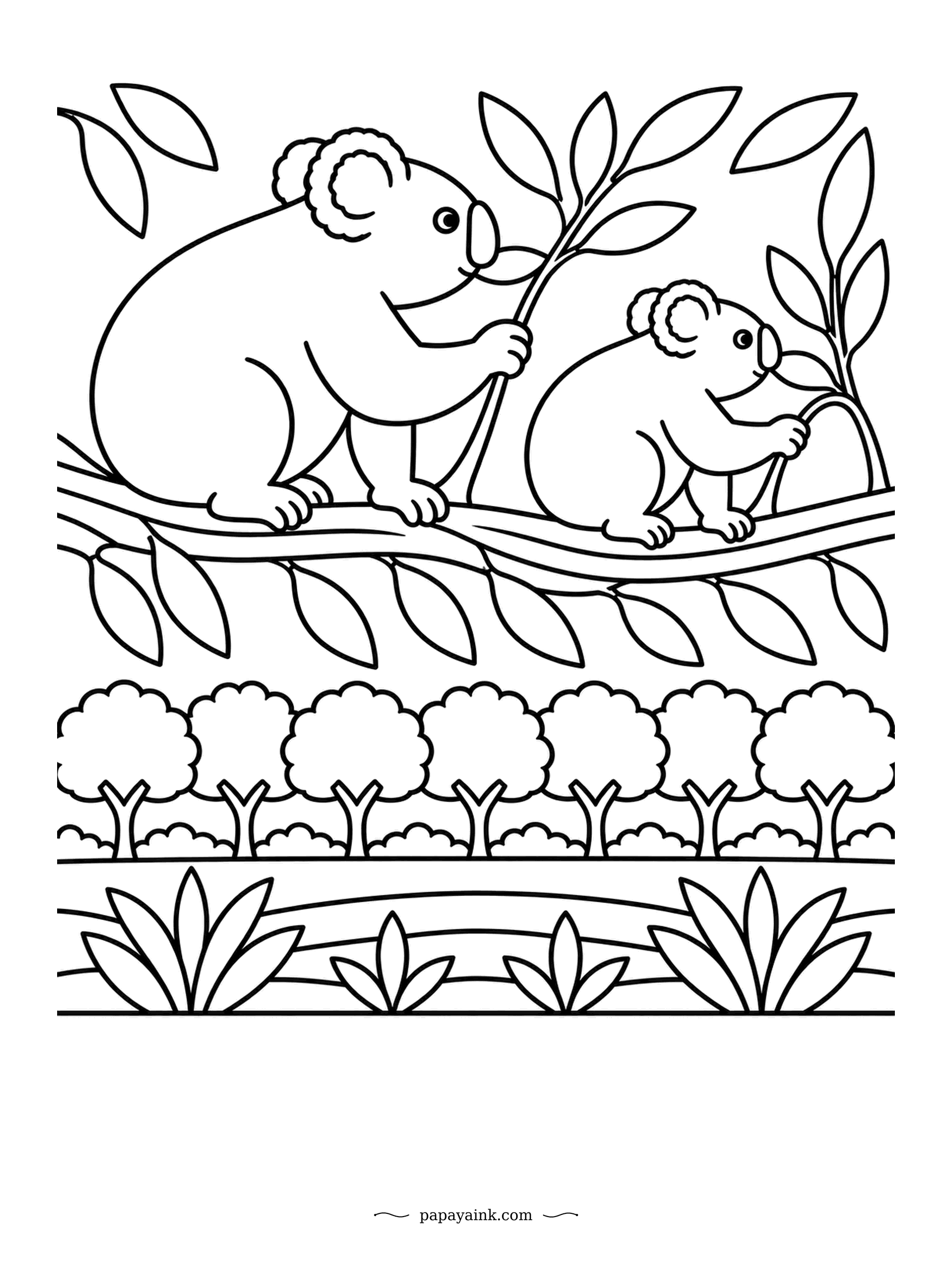 Koala Coloring Pages - Breakfast for two on the same branch. Mother and joey pull down a sprig apiece, and nobody shares. Below runs a patterned strip of little trees - big shapes, quick to color.