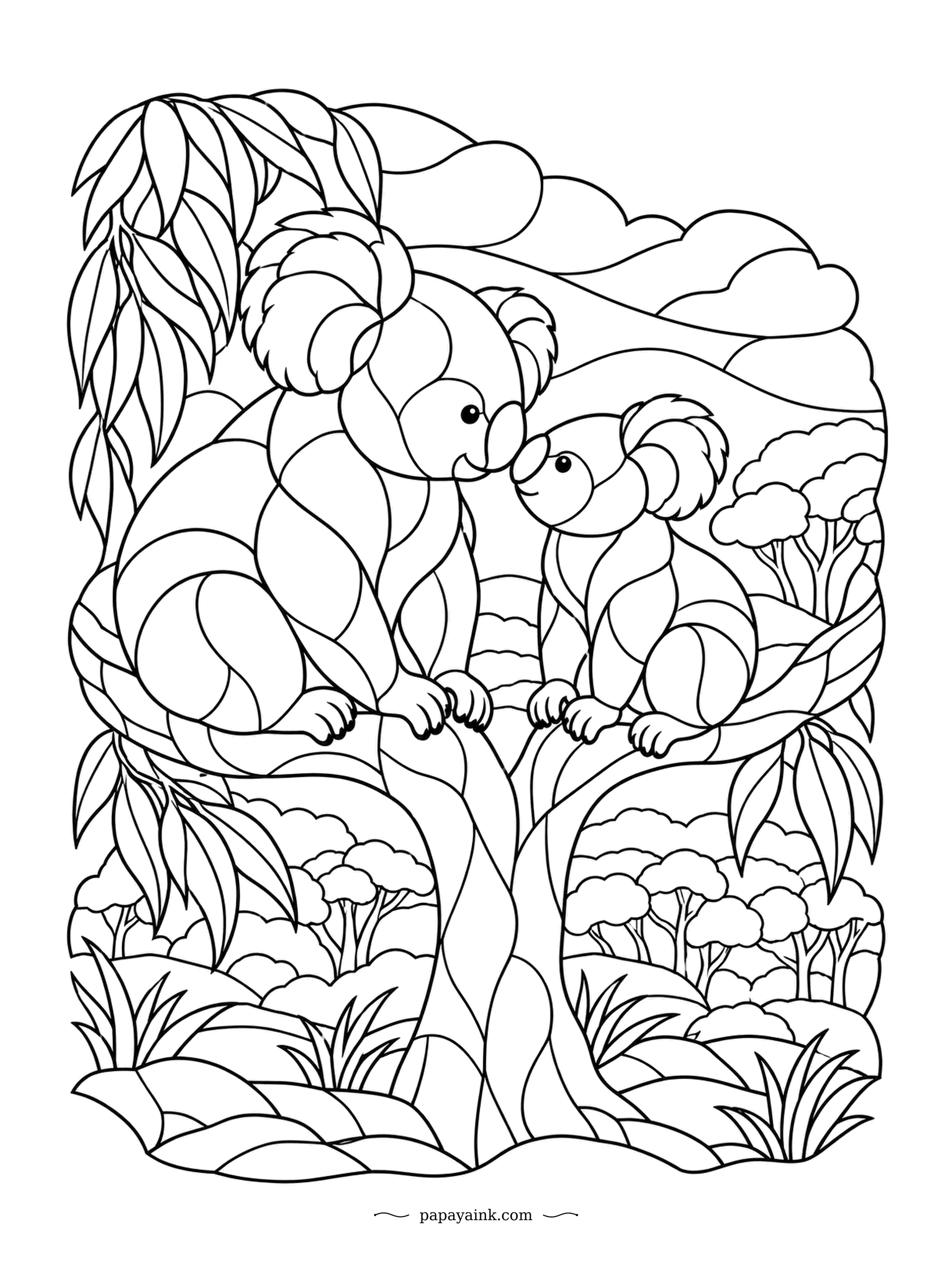 Koala Coloring Pages - Nose to nose on the branch: a mother koala and her joey say good morning the koala way. Stained-glass curves wrap the tree, the hills and both animals - choose a few soft colors and repeat them.