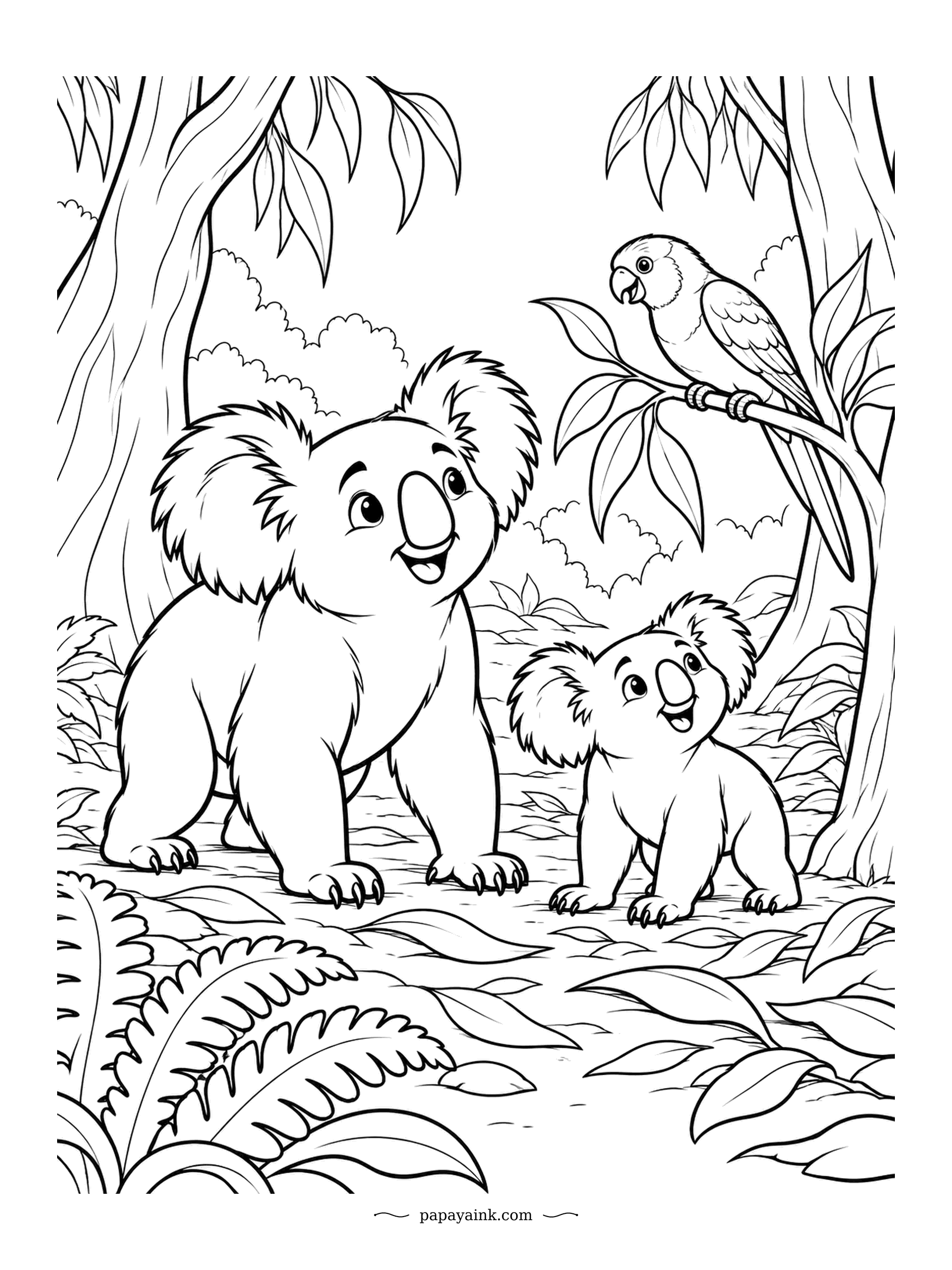 Koala Coloring Pages - A rainbow lorikeet drops in on a mother koala and her joey, and both seem delighted with the visit. Save your brightest pencils for the bird - lorikeets wear nearly every color in the box.