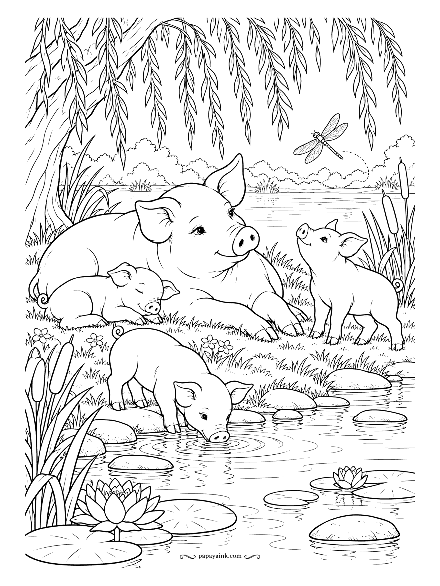 Pig Coloring Pages - Family hour under the willow: a sow stretched out in the grass, one piglet asleep against her, one drinking from the pond and one watching a dragonfly. Lily pads and cattails frame the water. Detailed.