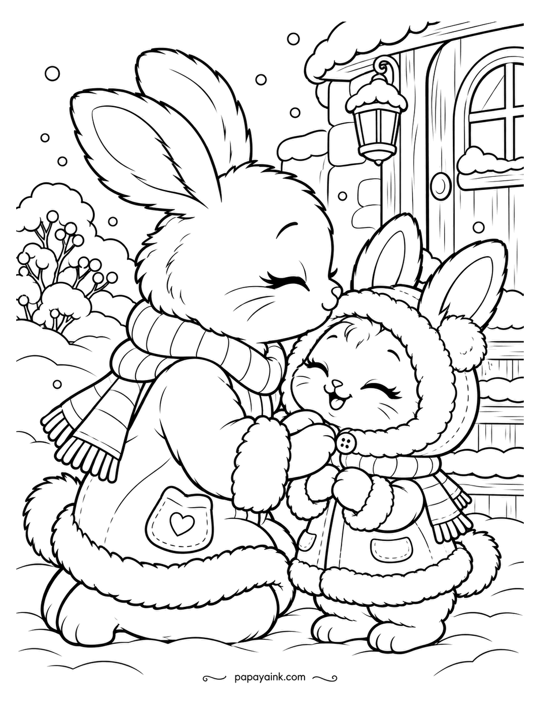 Cute Winter Coloring Pages - Kiss on the forehead before the walk: the mother rabbit in a quilted coat with a heart pocket bends down to her little one in a fur hood. Lantern over the cottage door. Soft browns and cream, a red heart on the pocket.