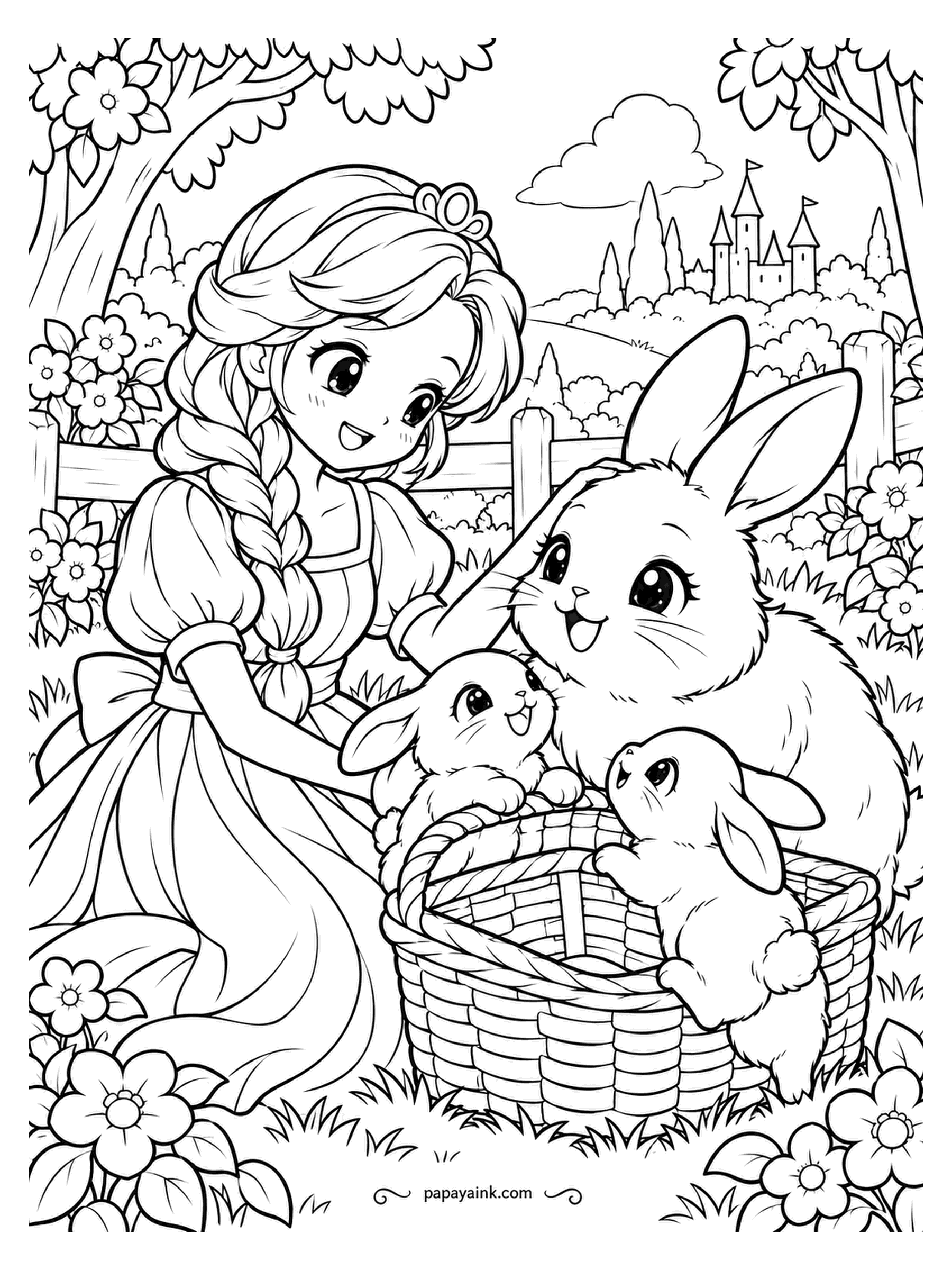 Kawaii Princess Coloring Pages - The mother rabbit has brought her two babies to meet the princess, and the picnic basket is now a nursery. She strokes a long ear while the castle sits far off beyond the meadow. Fluffy fur everywhere - short pencil strokes, no hard lines inside.