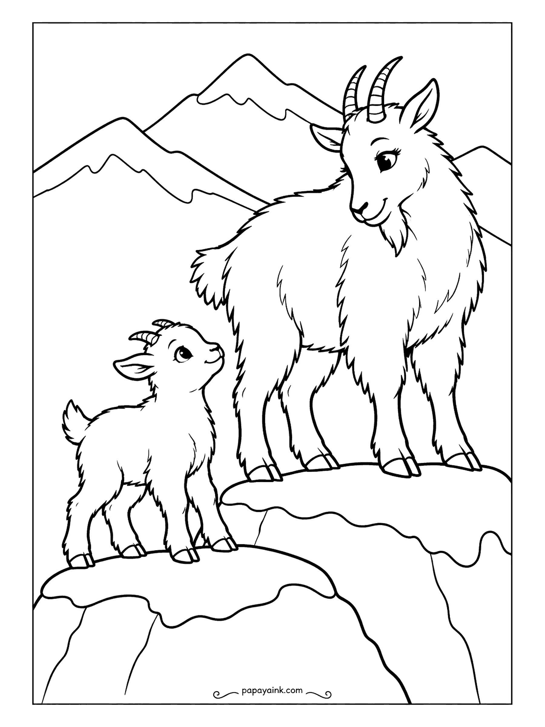 Free Printable Winter Coloring Pages - A mountain goat and her kid on a snowy outcrop, peaks stacked behind them. The shaggy coat is drawn in long strokes that are easy to follow with a pencil. Goats stay white; the rock and sky take the crayons.