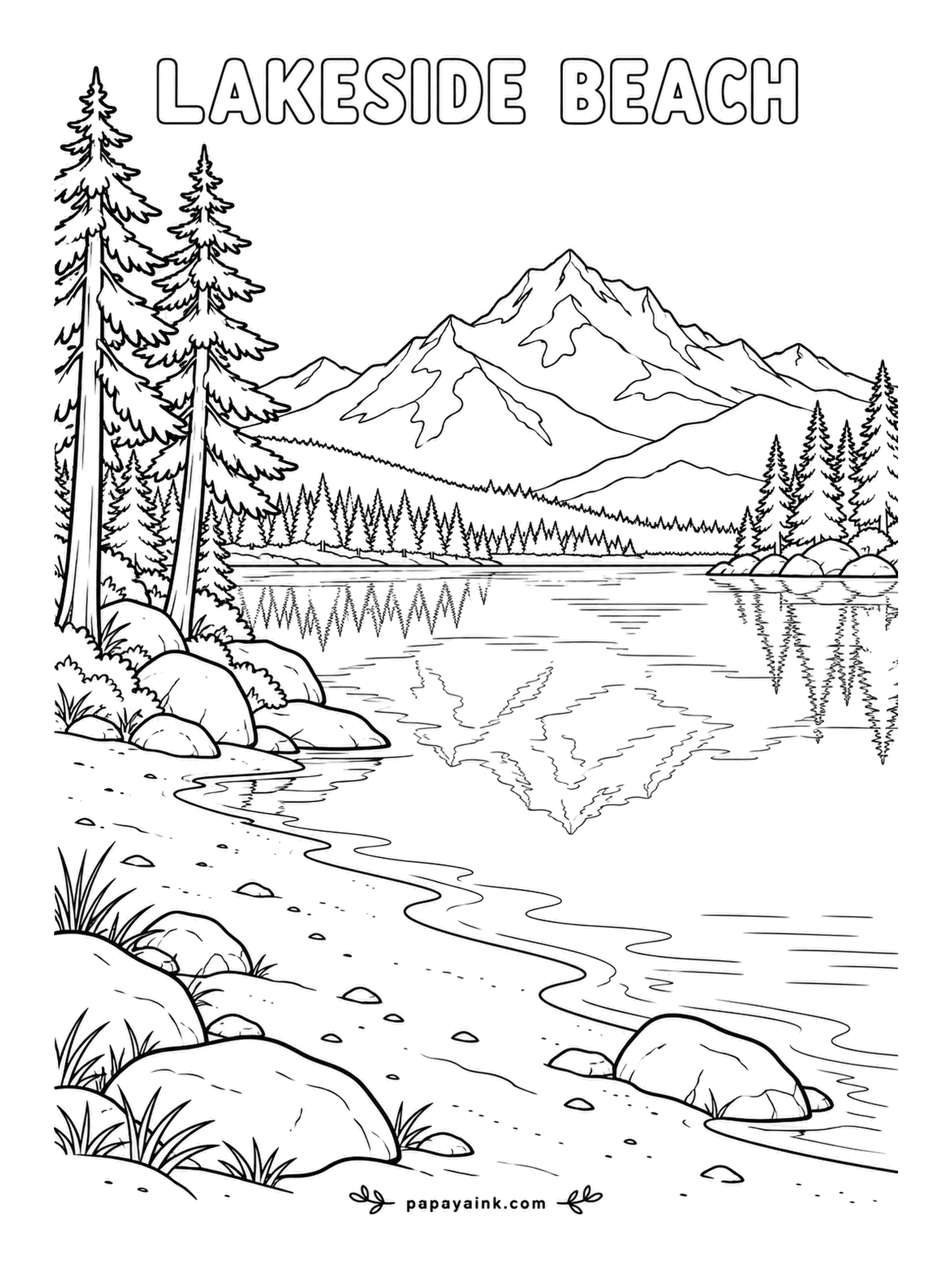 Beach Coloring Pages - Lakeside Beach: a sandy lake shore with a snow mountain beyond the water, fir trees on the near point and the scene mirrored in the lake. Make the reflection a shade lighter and a touch bluer than the real thing and it reads as water.