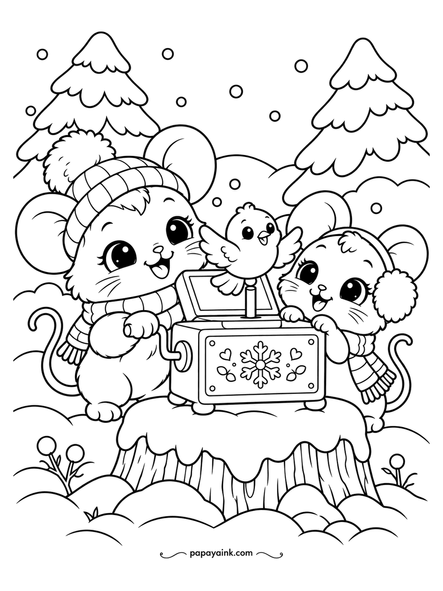Kawaii Winter Coloring Pages - Winding a music box this size takes two mice, and a tiny bird on the lid turns as it plays. The snowflake and the hearts on the box are the fun part - pick one bright shade for them.