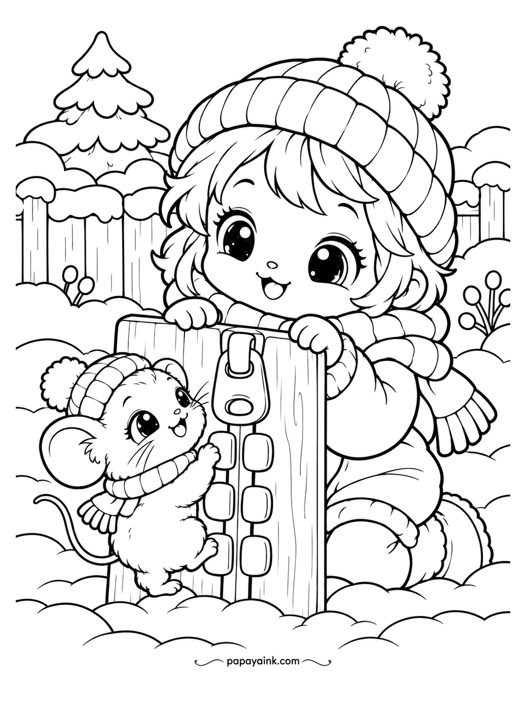 Kawaii Winter Coloring Pages - A zipper this big is a ladder if you are a mouse, and this one is halfway up, tooth by tooth. The girl holds the top steady. Silver on the zipper pull, and the fabric on either side in two colors.