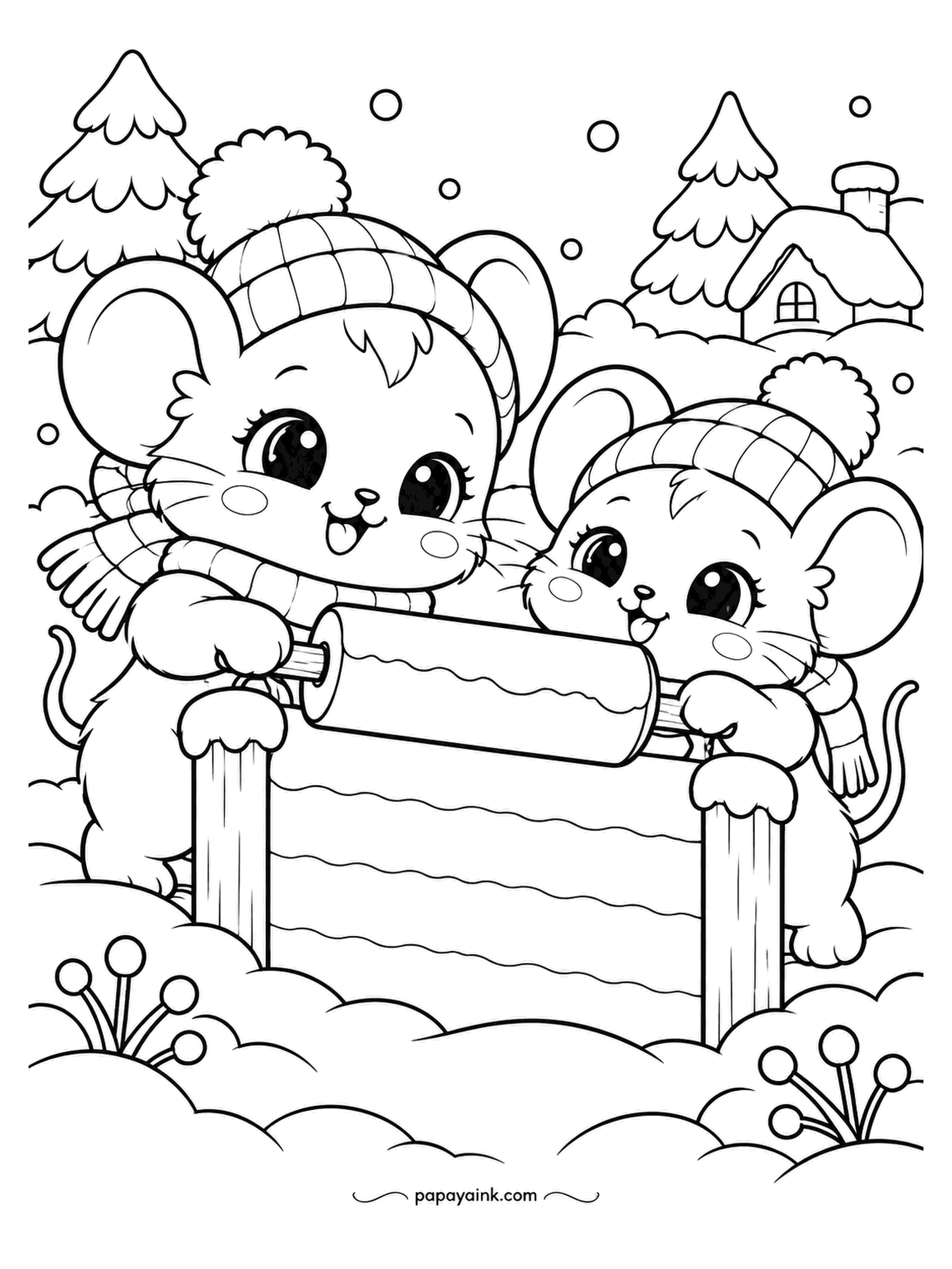 Kawaii Winter Coloring Pages - Rolling pin, two mice, one grip each. They are flattening a snow slab on the bench with the concentration of pastry chefs. The cottage behind them with the single lit window takes a soft orange.