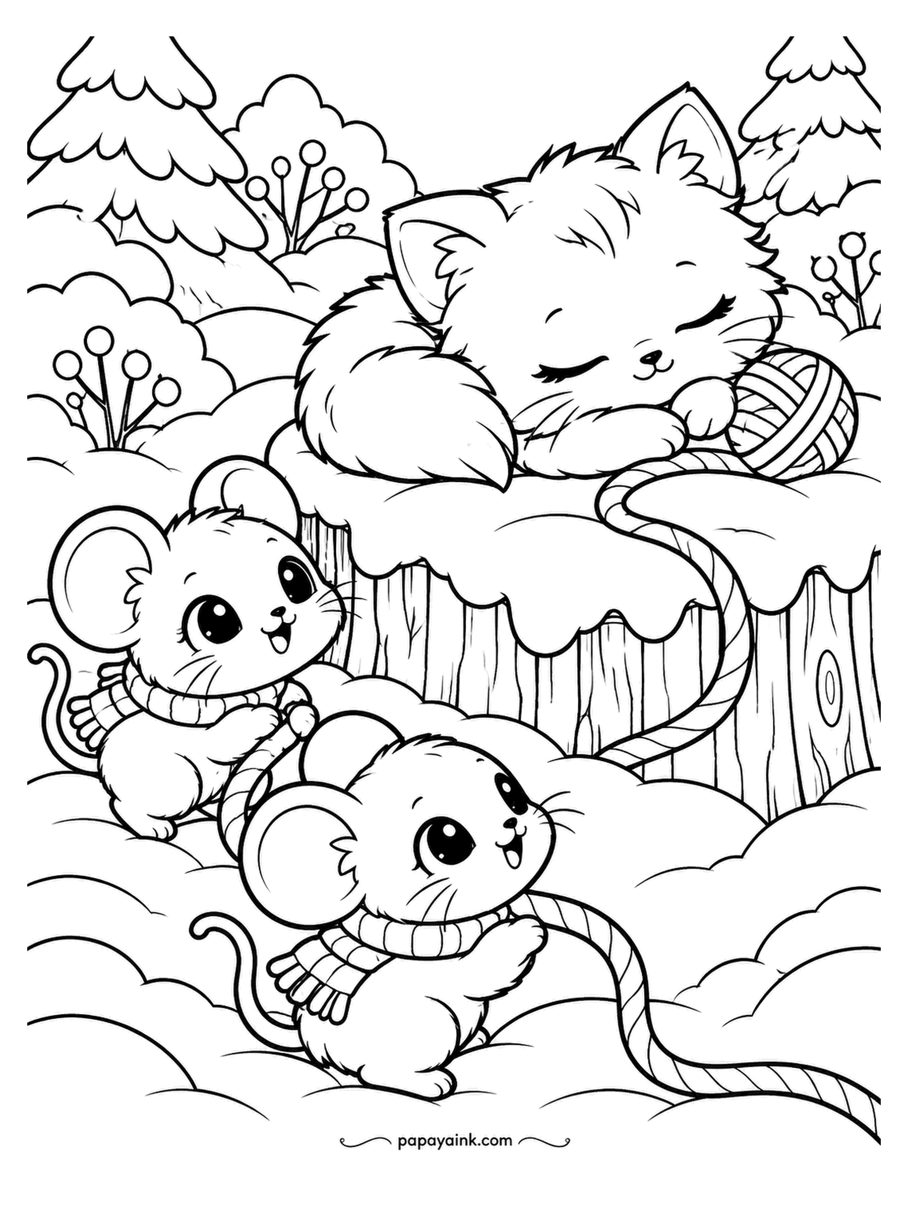 Kawaii Winter Coloring Pages - The yarn trail runs up the fence to a sleeping cat with the ball under her chin. Both mice followed it the whole way and now have a decision to make. Any bold color for the yarn; it is the path through the page.