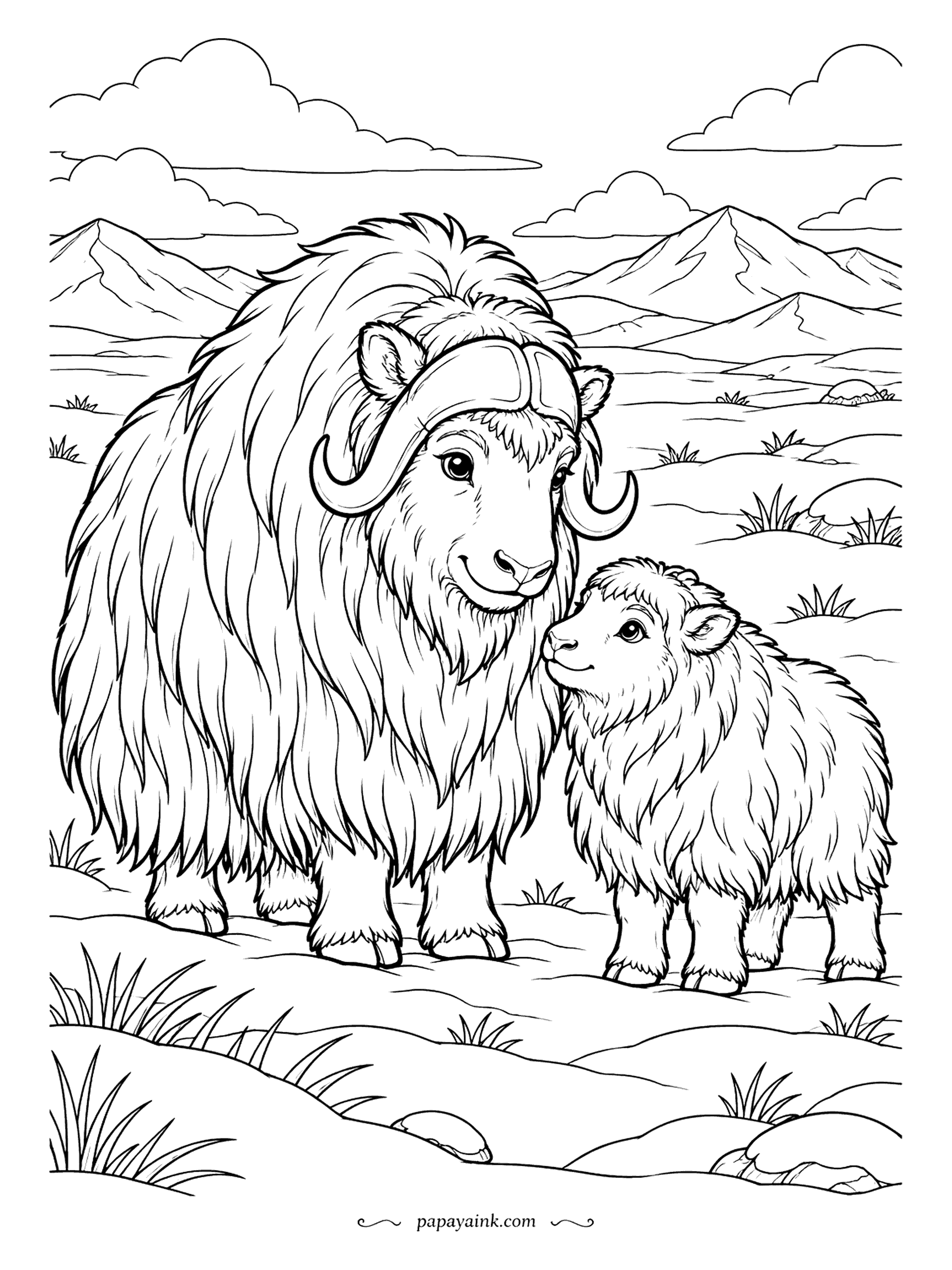 Free Printable Winter Coloring Pages - A musk ox and her calf nose to nose on the open tundra, mountains low on the horizon. The long guard hair hangs nearly to the ground and gives the whole page its texture. Dark brown coat, pale horns, and a wide empty sky.