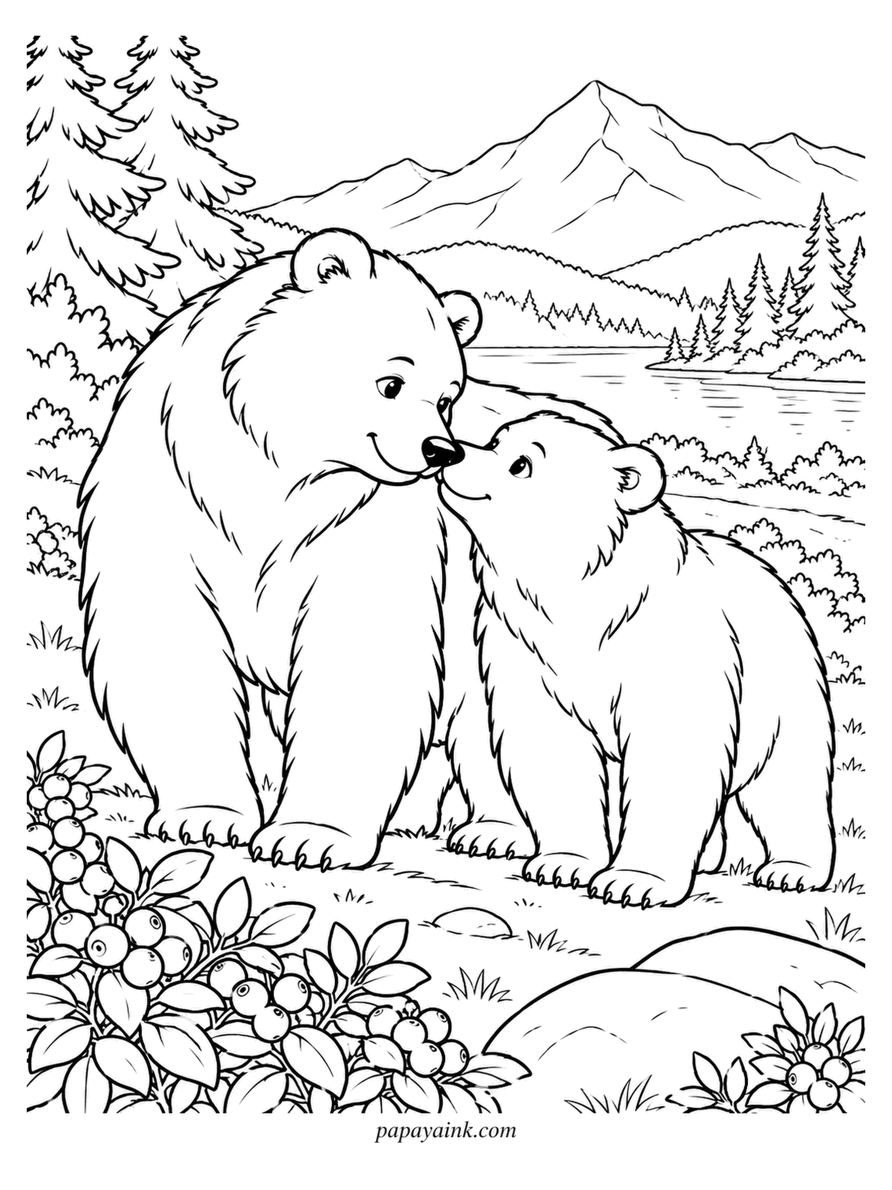 Love Coloring Pages - Blueberry season, and the bigger bear has stopped eating long enough to touch noses with the smaller one. A lake and a tall peak fill the distance. Deep blue dots for the berries make brown fur look even warmer.