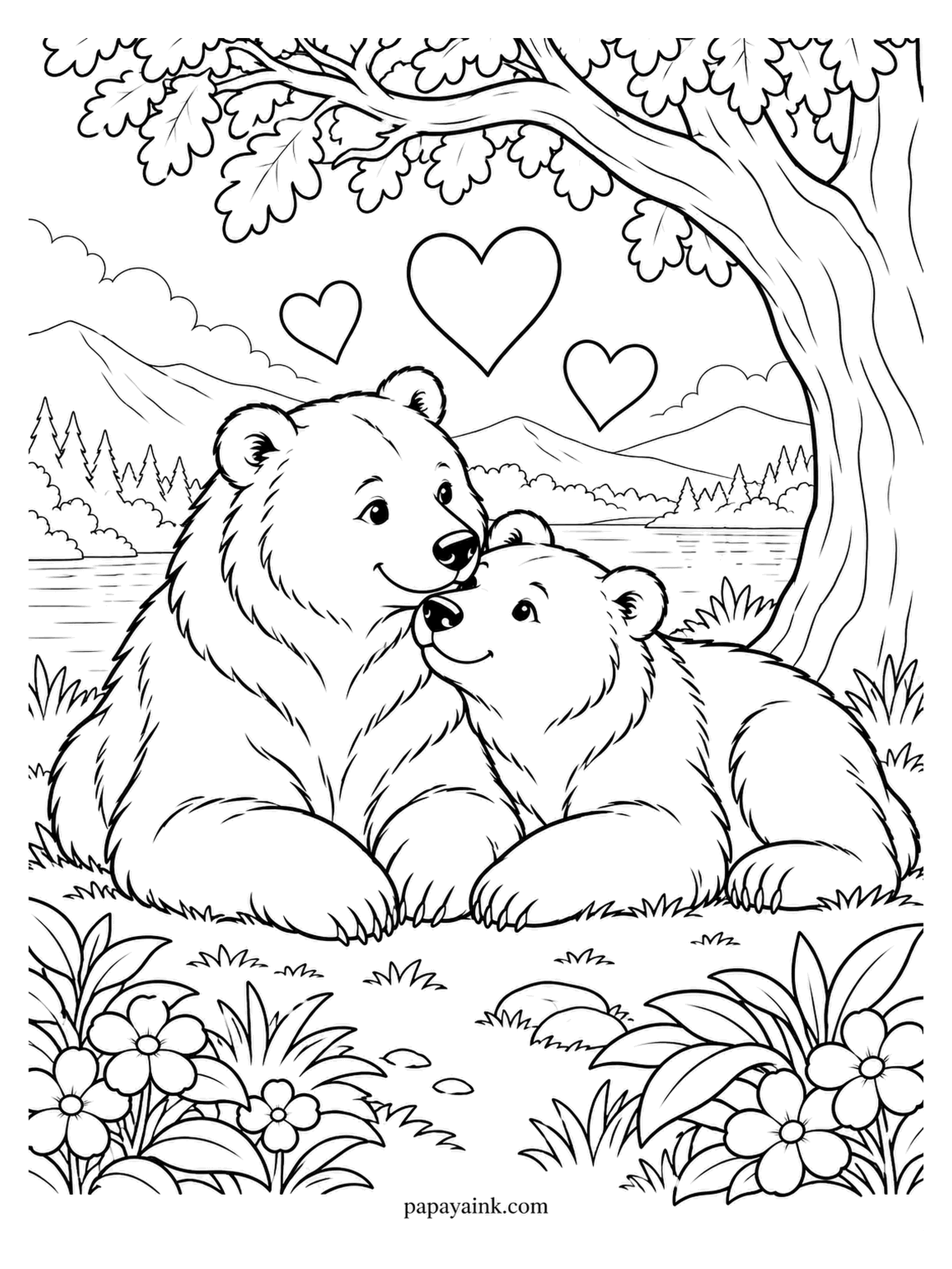Love Coloring Pages - Resting beneath a big oak, the smaller bear tucked under the larger one's chin. Hearts float up through the branches, and a lake lies flat beyond the trunk. Thick fur takes a lot of short pencil strokes, so settle in.