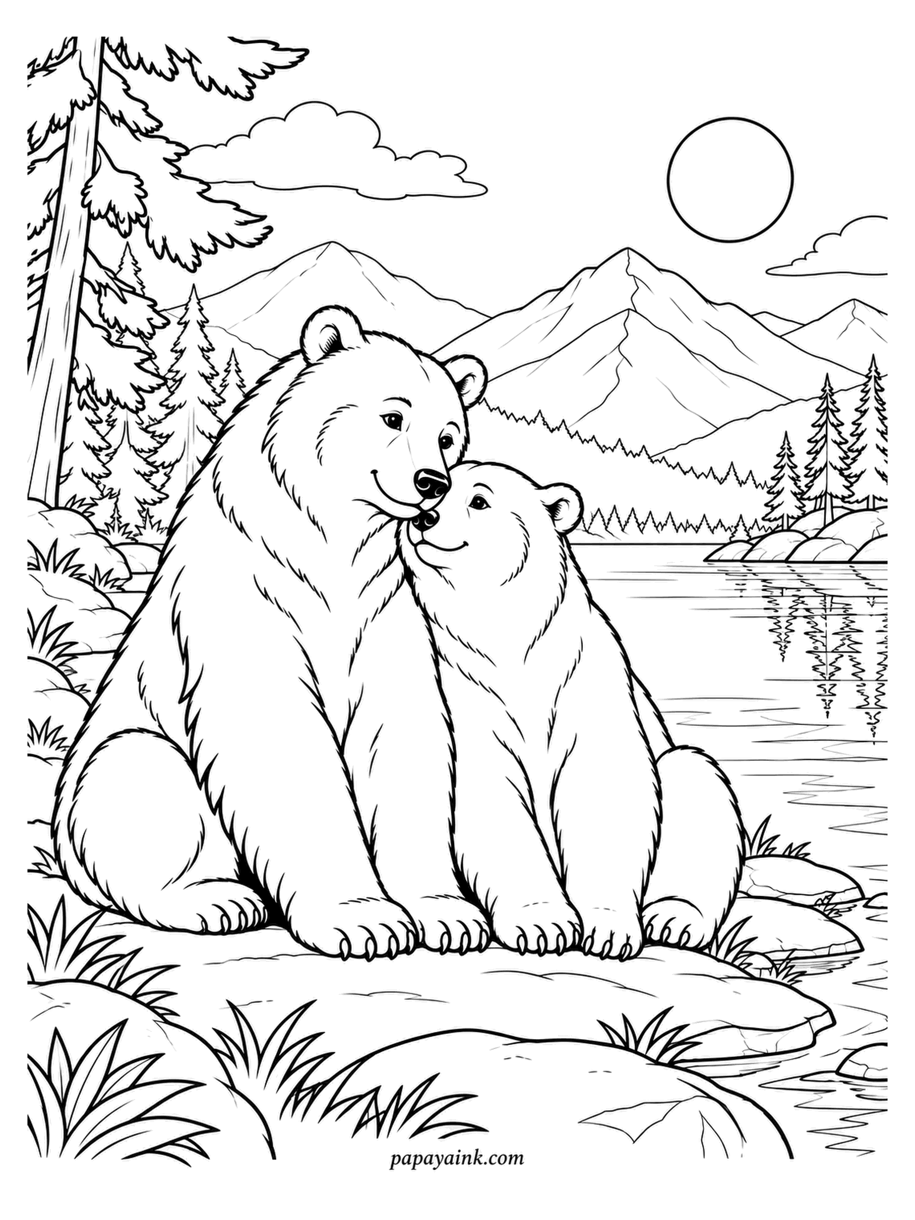 Love Coloring Pages - Shoreline rock, mountain lake: the cub presses its cheek to the bigger bear's chin and stays there. Pines are mirrored in the still water behind. Warm umber for the fur, and the reflection can borrow the sky's blue.