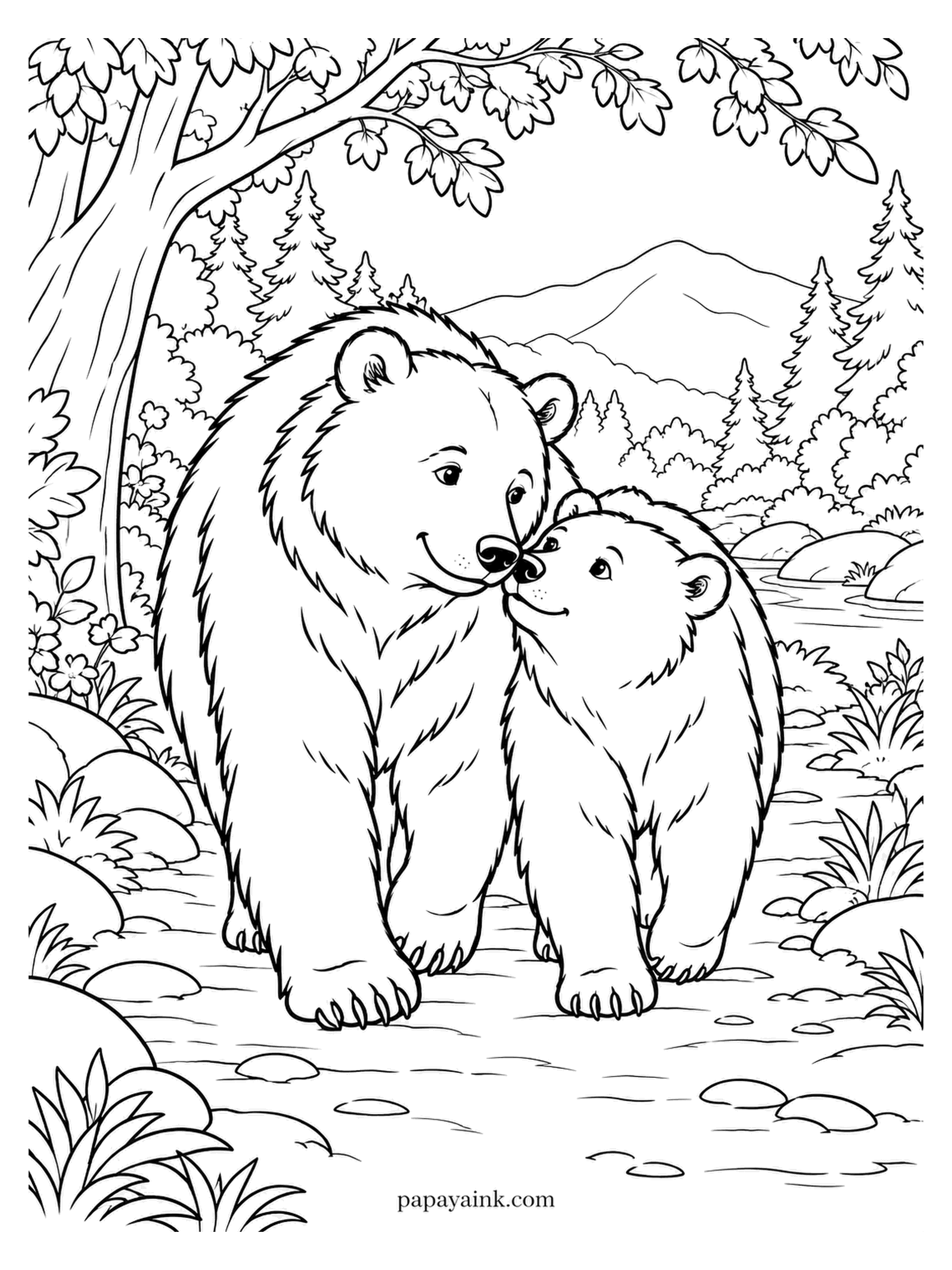 Love Coloring Pages - Out for a walk on a woodland path, the bear stoops to nuzzle her cub mid-stride. A creek and a far mountain show between the trees. Paint the stepping stones in cool slate tones.