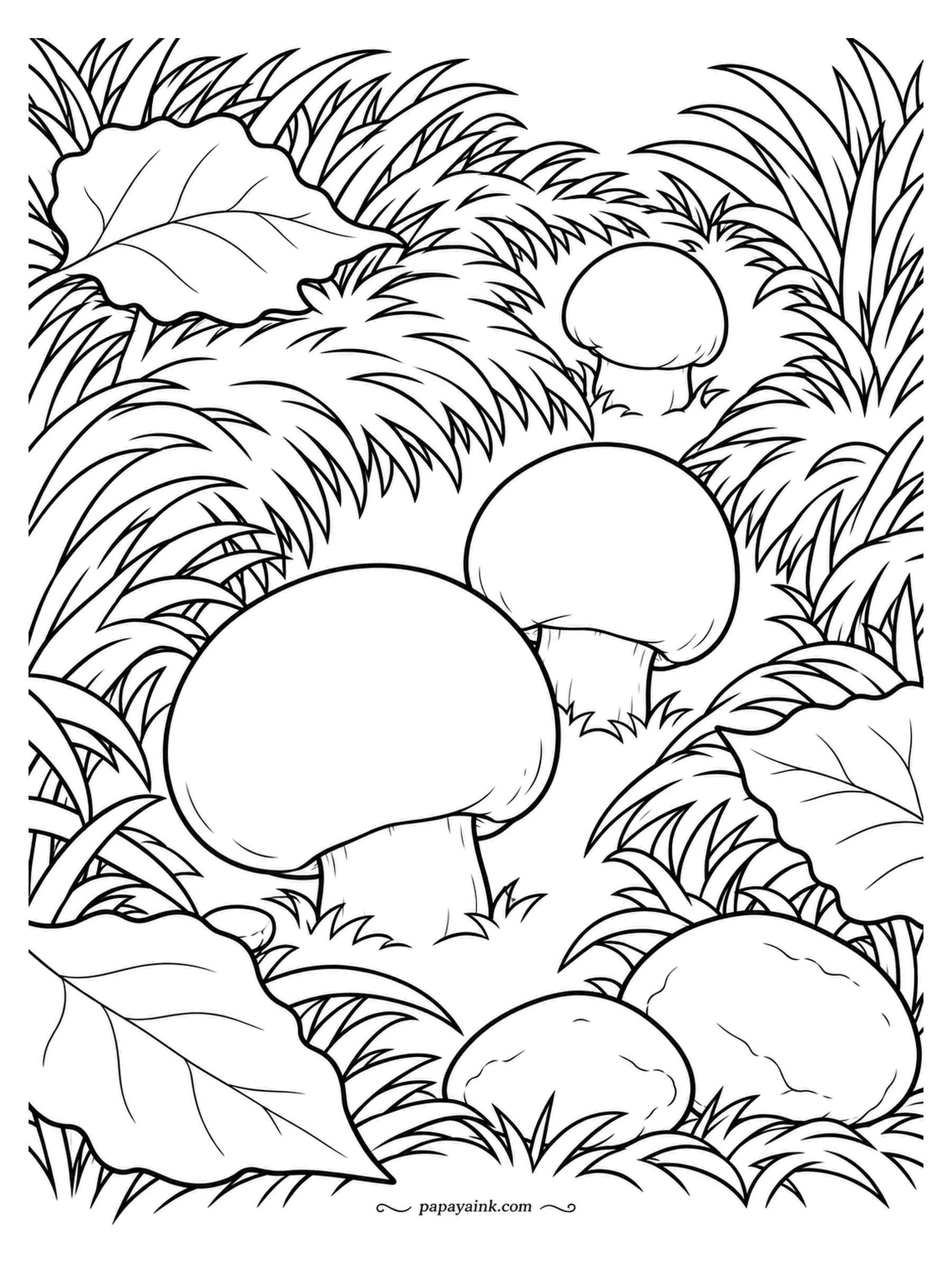 Mushroom Coloring Pages - Tall grass, and three closed buttons at three distances in it, each an island in a sea of blades. The grass is the real work: long parallel strokes in two or three greens. The mushrooms stay almost white, a soft shadow on the near side.