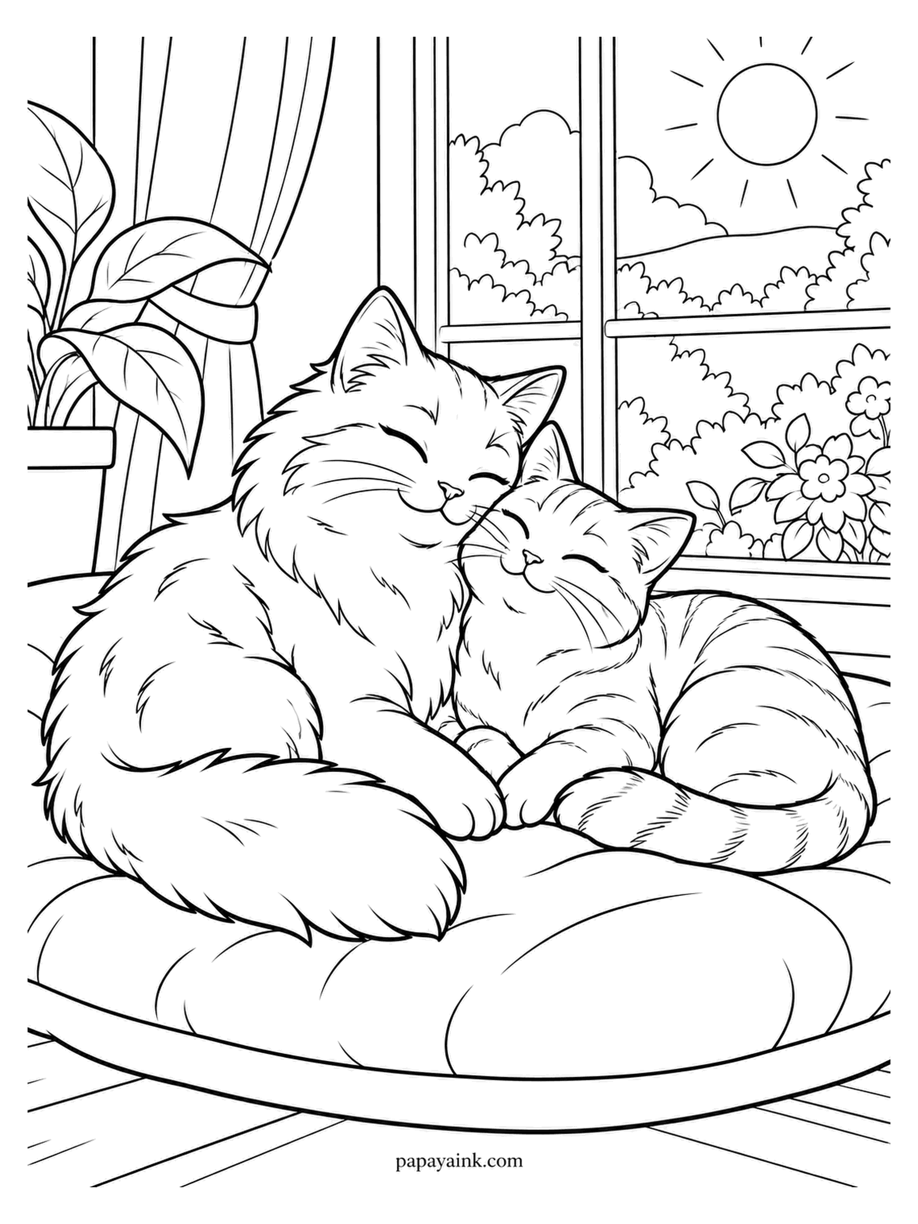 Love Coloring Pages - Sunny window, deep cushion, two cats with nothing on the schedule. The fluffy one rests its cheek on the striped one, and both are purring by the look of it. Warm cream for the cushion, sunshine yellow on the sill.