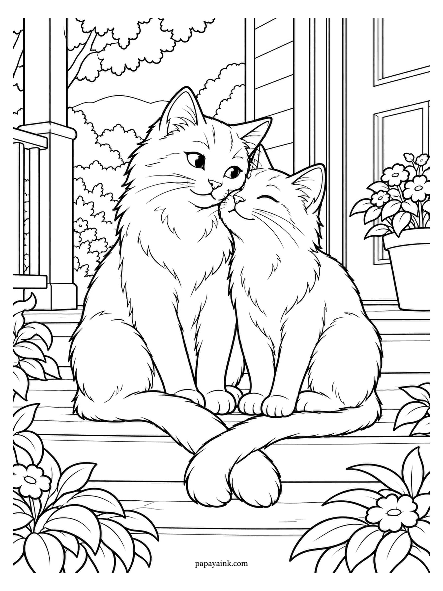 Love Coloring Pages - Tails crossed in a neat loop on the porch step, the cats lean their heads together, one with eyes shut in contentment. A potted flower stands by the door. A ginger coat beside a smoky grey one looks good here.