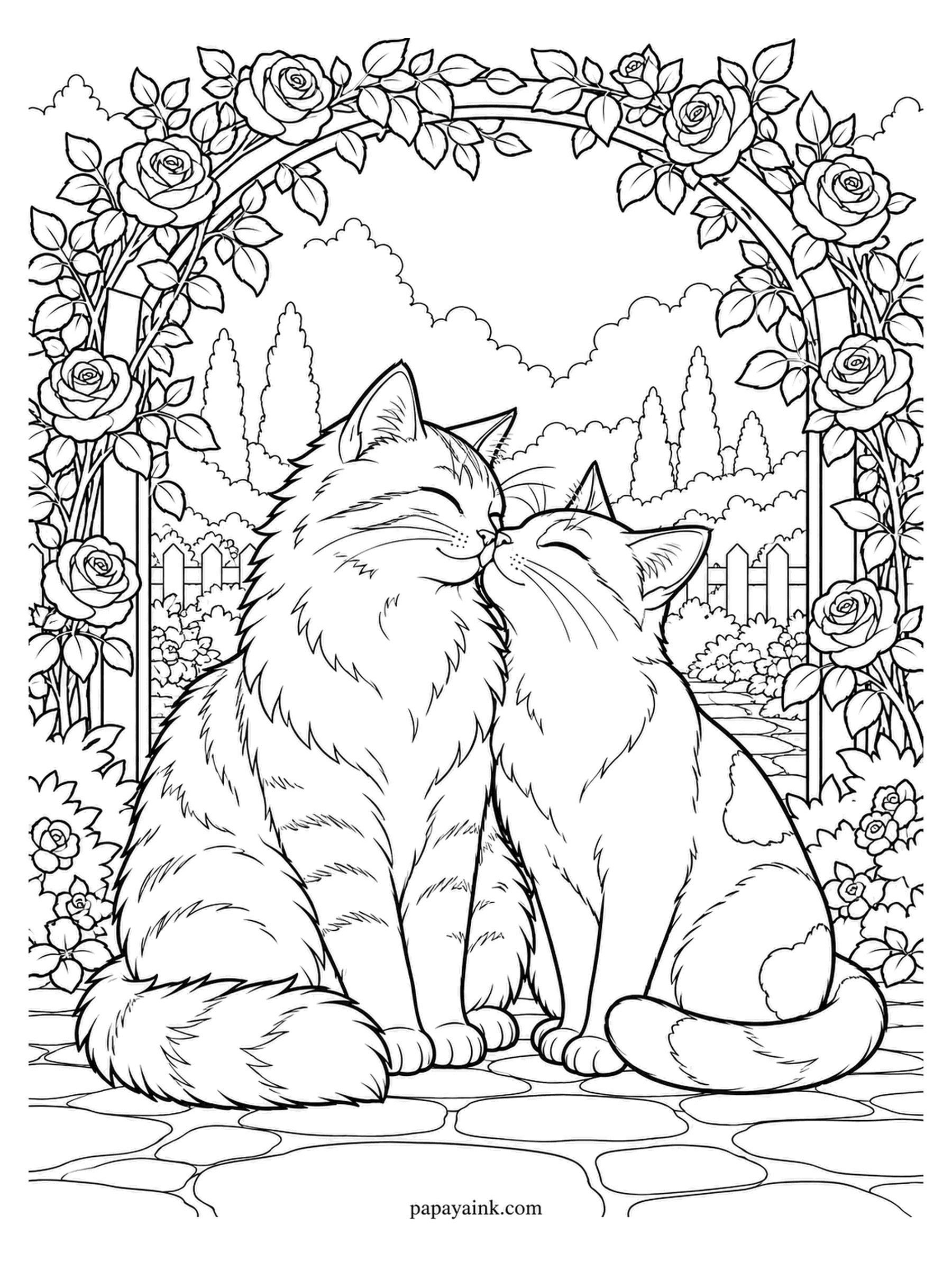 Love Coloring Pages - Under an arch of climbing roses, a fluffy striped cat and a smaller patched one press noses, eyes closed. A picket fence and a winding path continue beyond the arch. Tabby stripes for the big one, calico patches for the small.