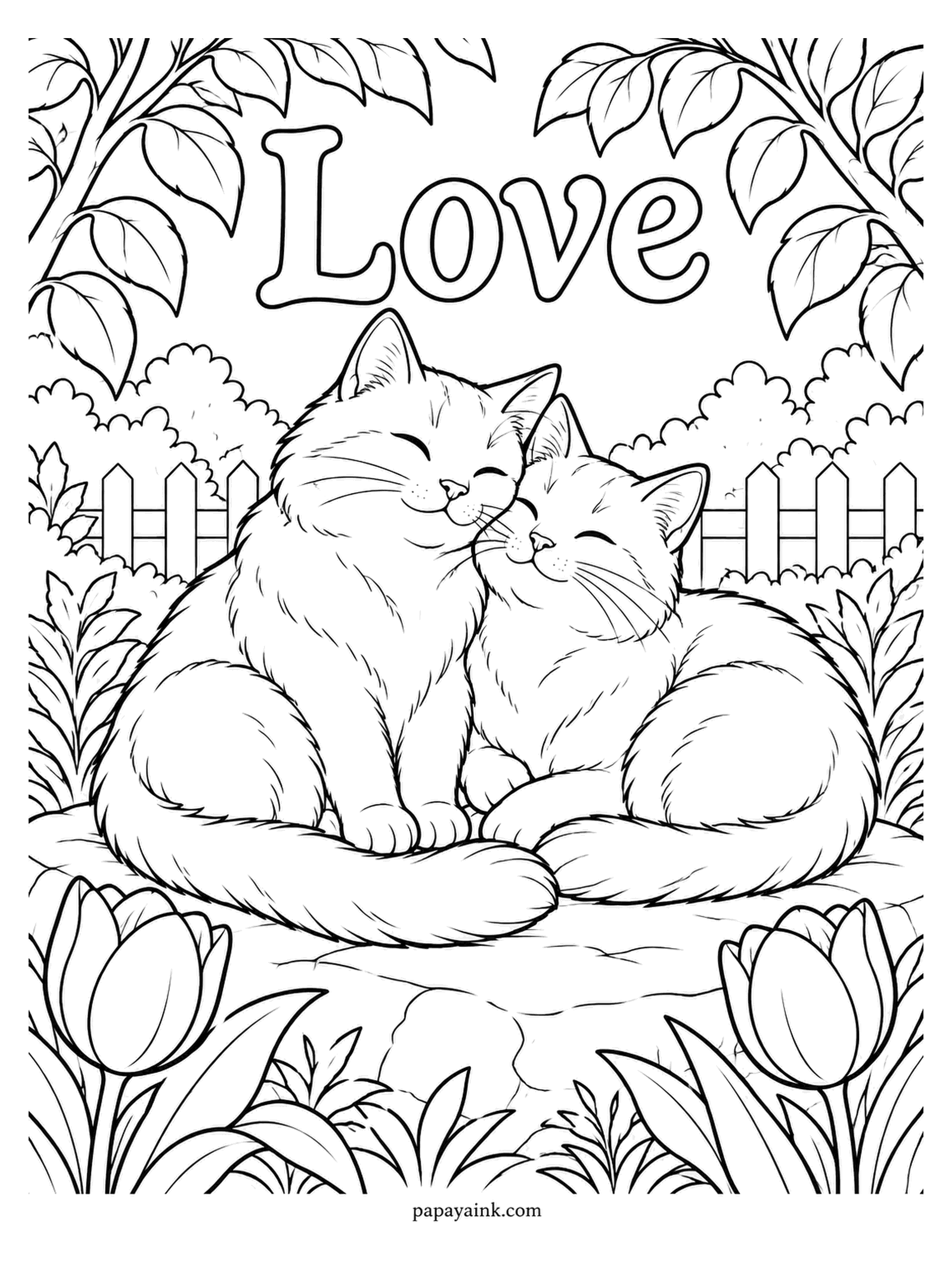 Love Coloring Pages - Cheek to cheek on a warm flagstone, eyes shut, both of them certain the tulips grew there for them. The word Love hangs in the leaves overhead. Long fur gives plenty of room for two shades of the same color.