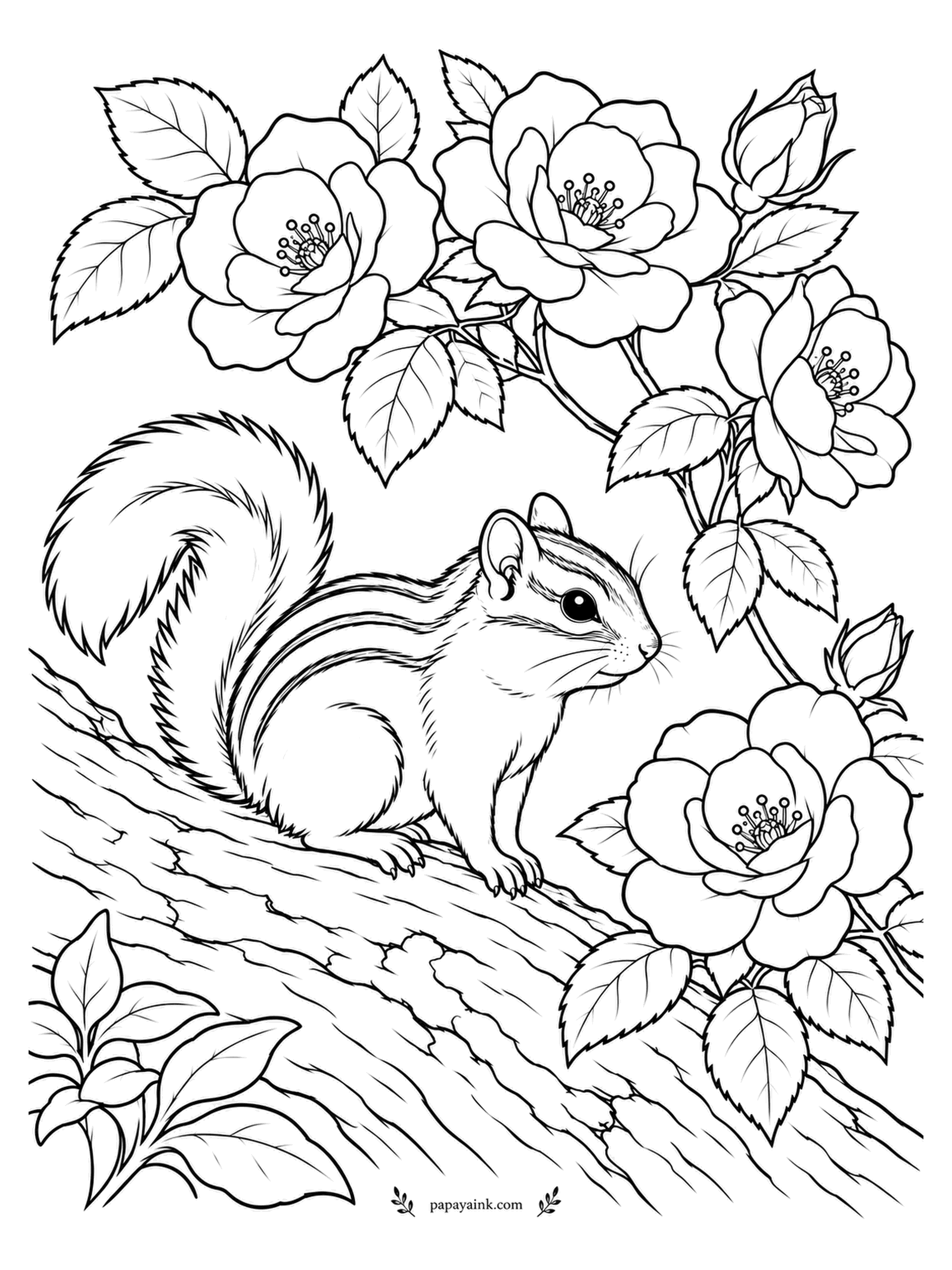 Rose Coloring Pages - Stripes neat, cheek pouches still empty - the chipmunk on this fallen log is early for the autumn rose hips. Roses crowd the branches above it. Fine fur strokes, broad blossoms.