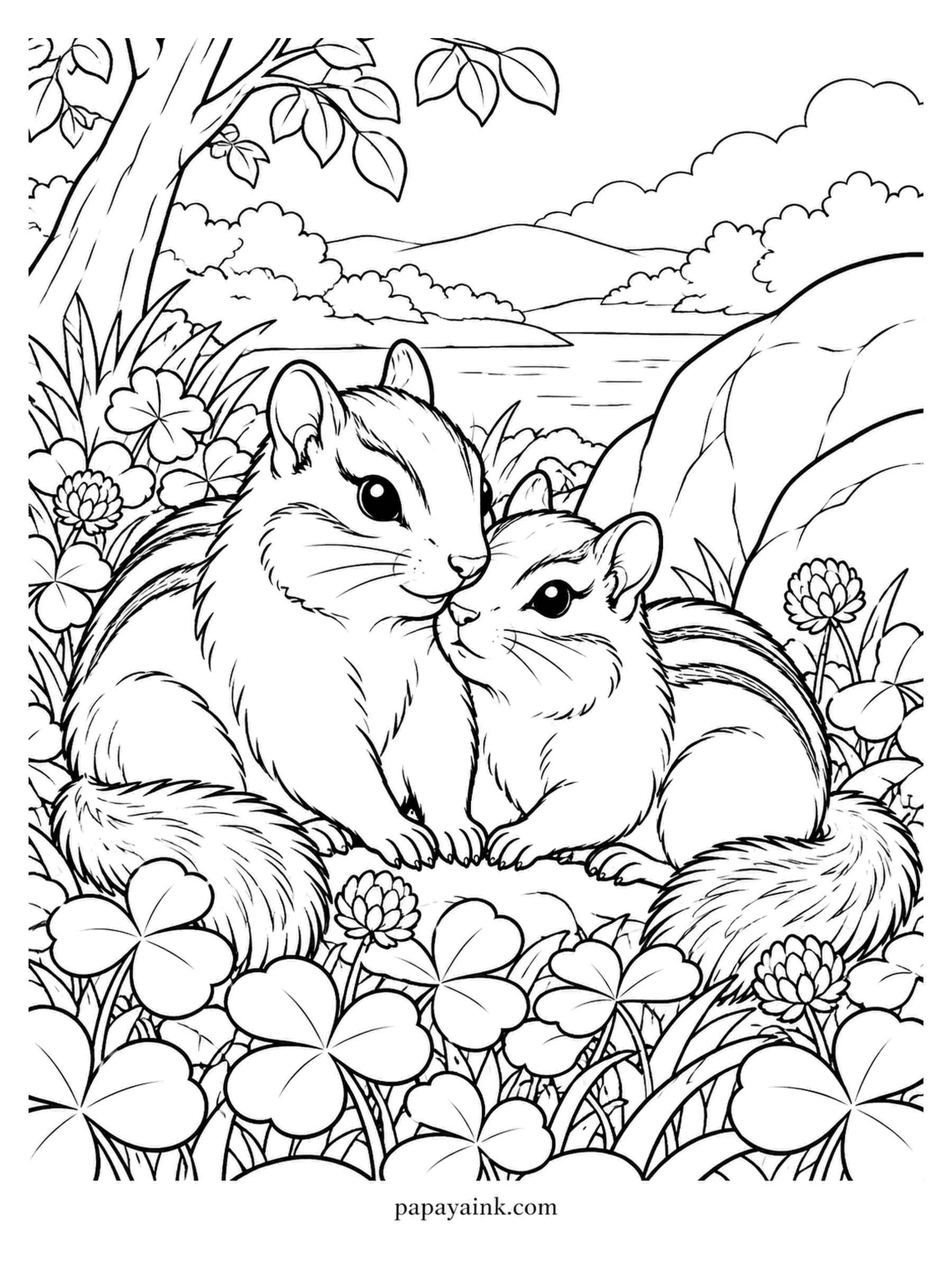 Love Coloring Pages - Chipmunks in the clover, noses almost touching, each wearing the five dark back stripes their kind is known for. Round flower heads rise around them and a lake shines past the boulder. Orange-brown fur, with the stripes in dark chocolate and cream.