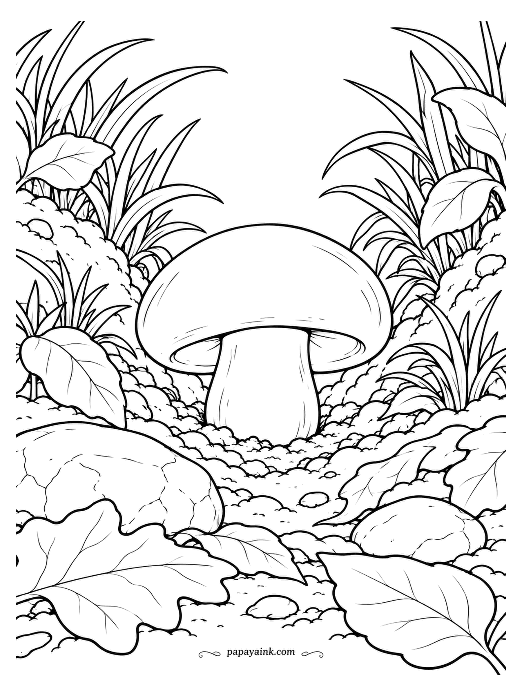 Mushroom Coloring Pages - Just one cremini, sitting in a hollow of moss and pebbles with its cap still closed tight. The whole drawing is small round textures around one smooth shape, a nice contrast to work with. Brown on the cap, and stop short of the stem.