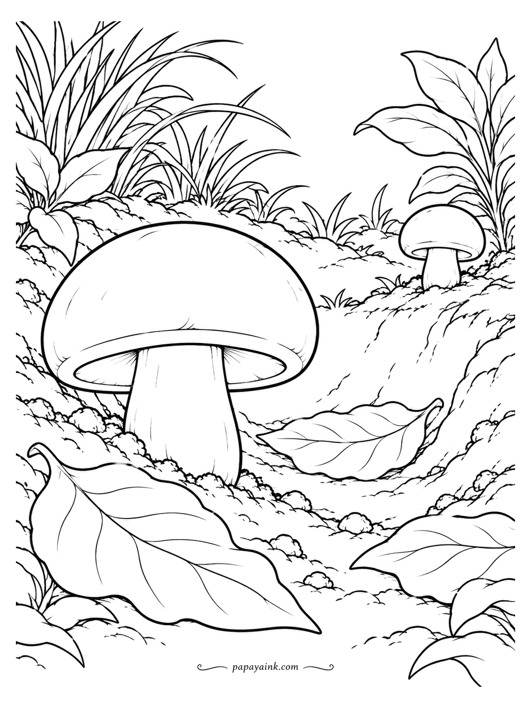 Mushroom Coloring Pages - Large cremini in front, small one far across the hollow, and a lot of soft ground in between. Creminis darken as they grow, so make the big cap a shade deeper than the small one, and leave the stems pale.