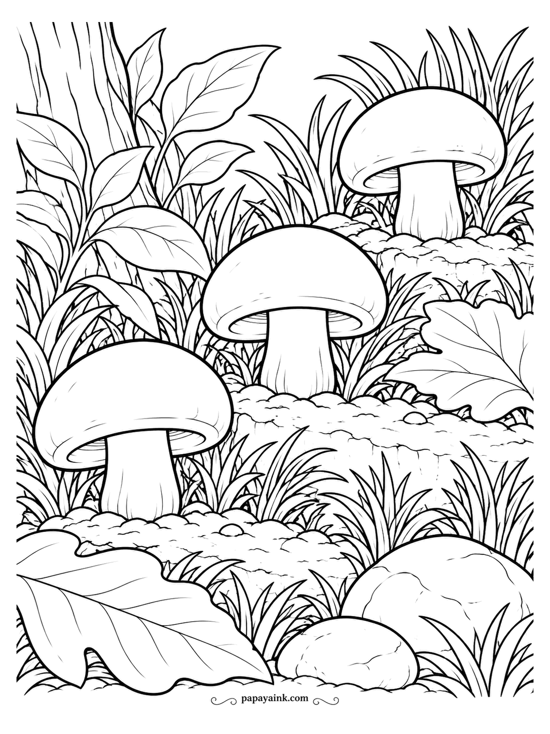 Mushroom Coloring Pages - Three creminis on three steps of a grassy bank, each a little further back than the last. The caps are the classic cremini shape, a tight dome on a short stocky stem. Go darker on each cap as they recede and the bank gains depth.