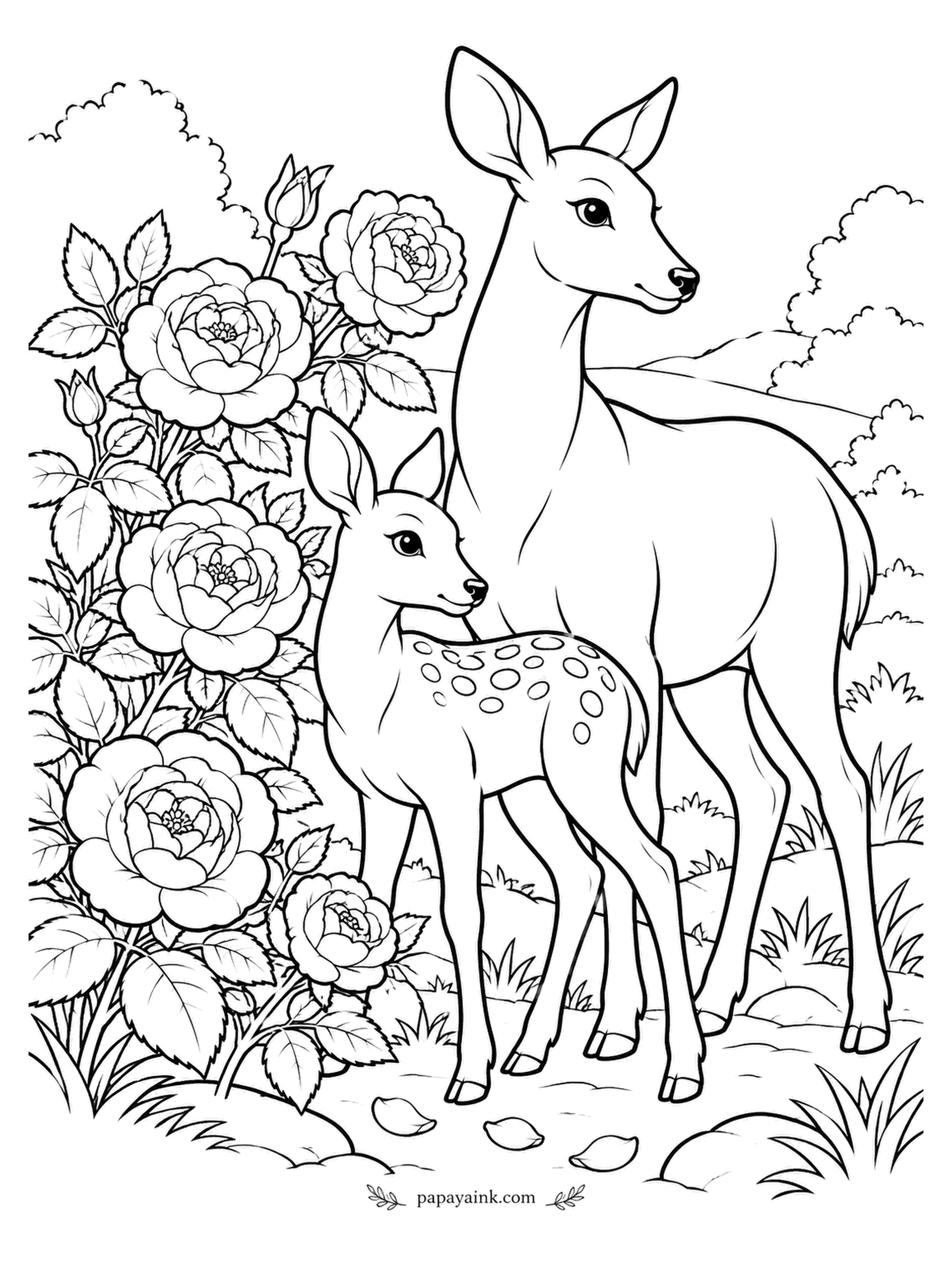 Rose Coloring Pages - Mother keeps watch while her spotted fawn stays close, both standing by a thicket of garden roses. The path at their feet is dotted with fallen bits of bloom. Tan and cream for the deer, with darker backs.
