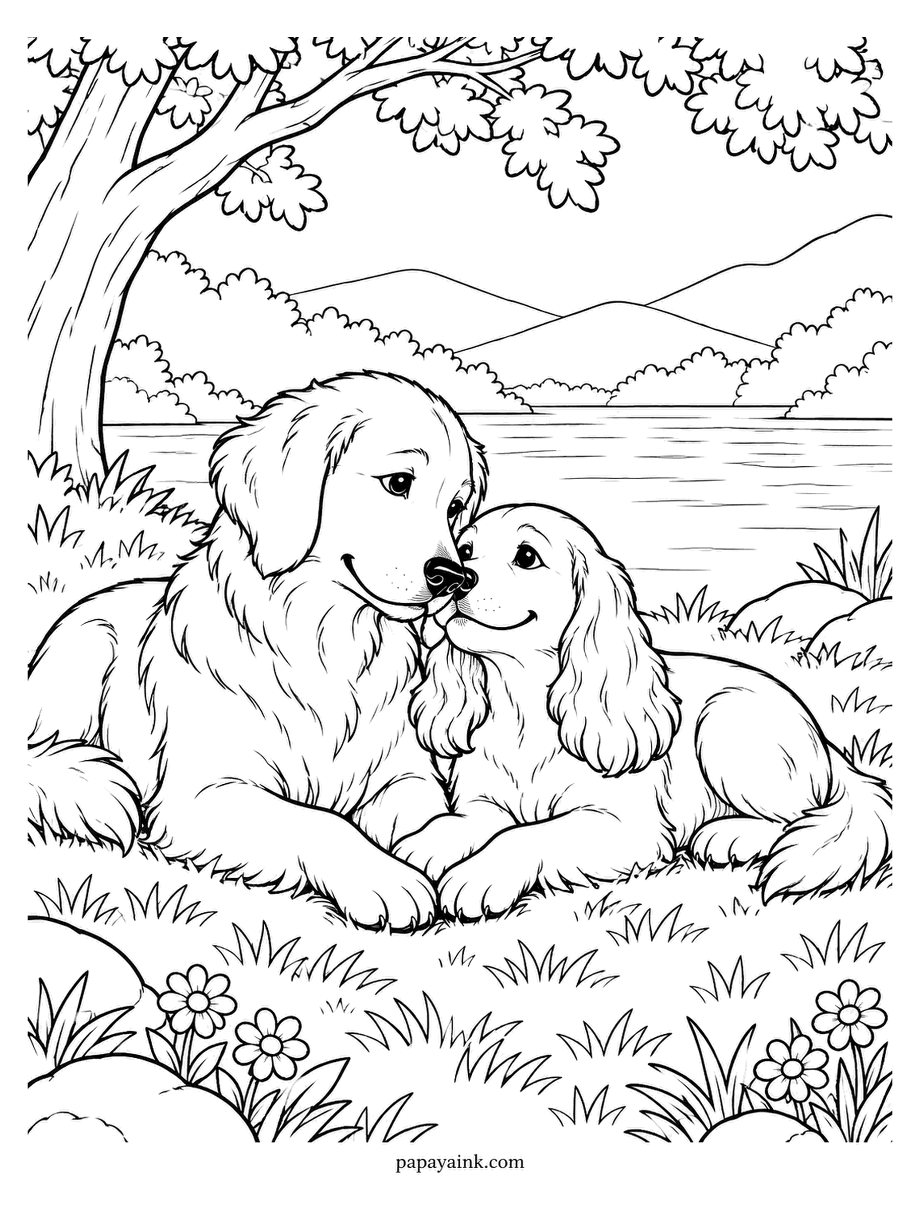 Love Coloring Pages - Stretched out on a grassy bank, a golden retriever and a spaniel with long silky ears rest with their front paws touching. A lake and soft hills lie past the tree. The spaniel's ears deserve the most careful strokes on the page.