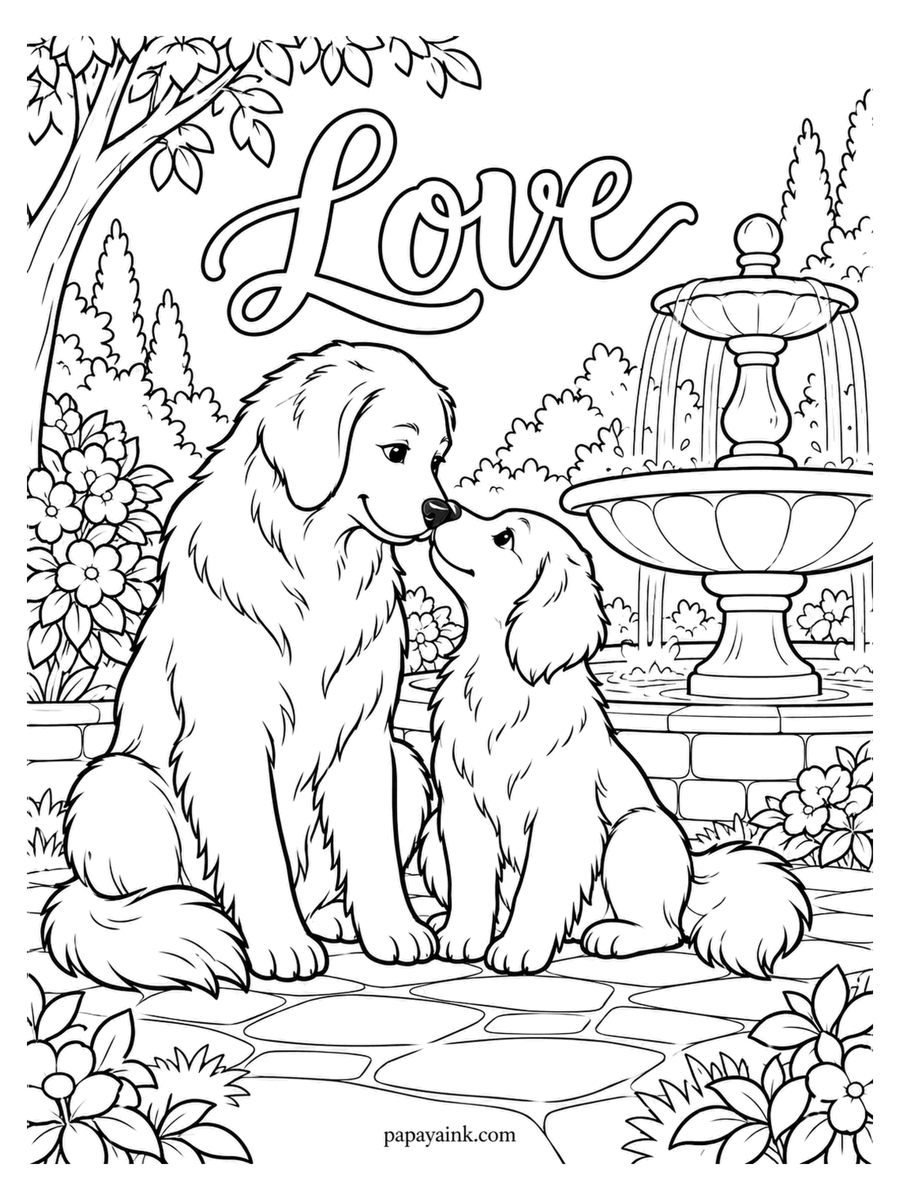 Love Coloring Pages - Nose to nose at a garden fountain, a grown retriever and a younger one, with Love written in the canopy above. Flowering shrubs press in from both sides. Two golden tones, one lighter, will tell the dogs apart.