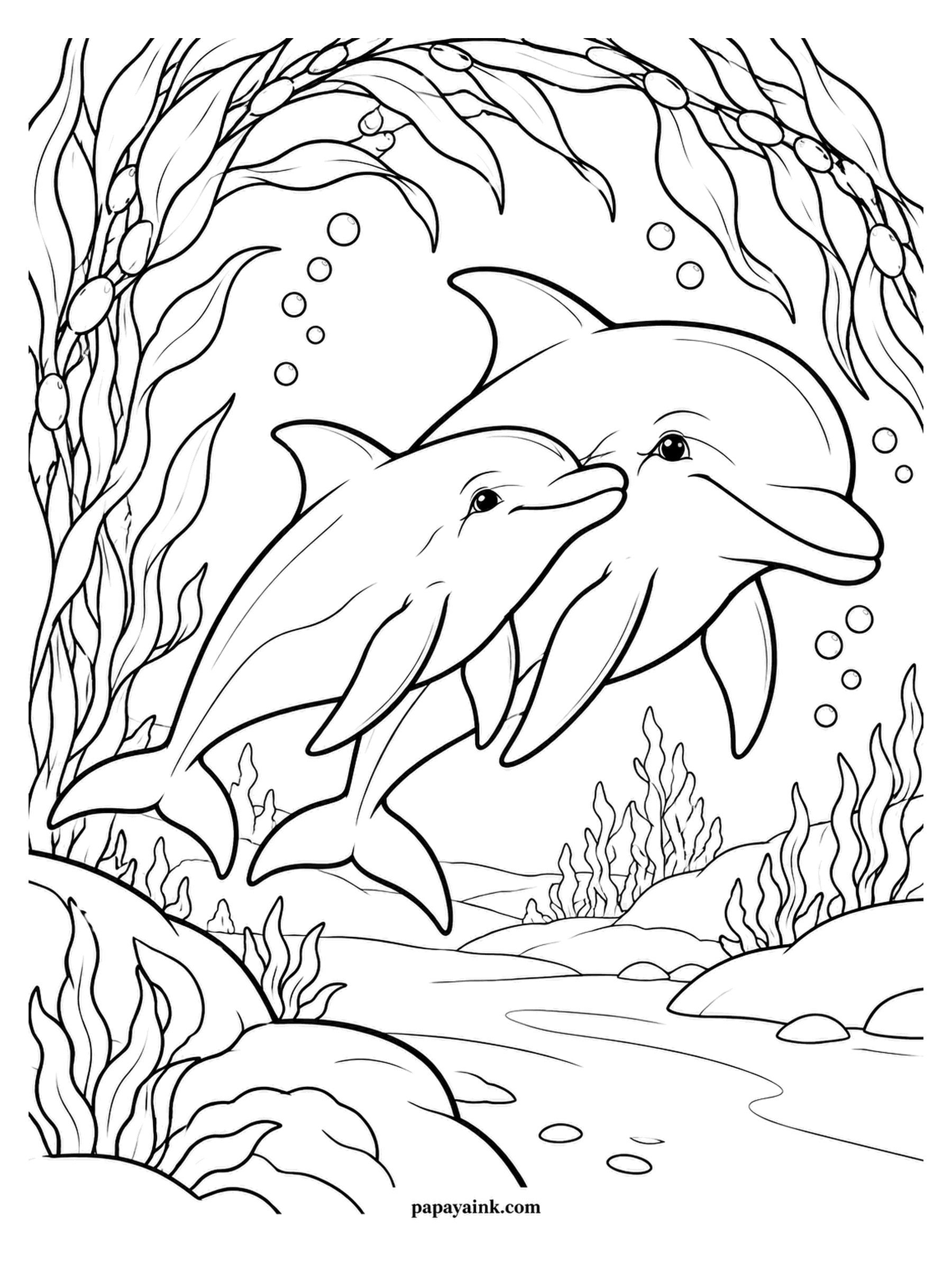 Love Coloring Pages - Bottlenose dolphins often swim in step with a partner, surfacing and diving together, and these two do it beneath a curtain of seaweed. Bubbles rise around them. Blue-grey backs, paler bellies, green weed.