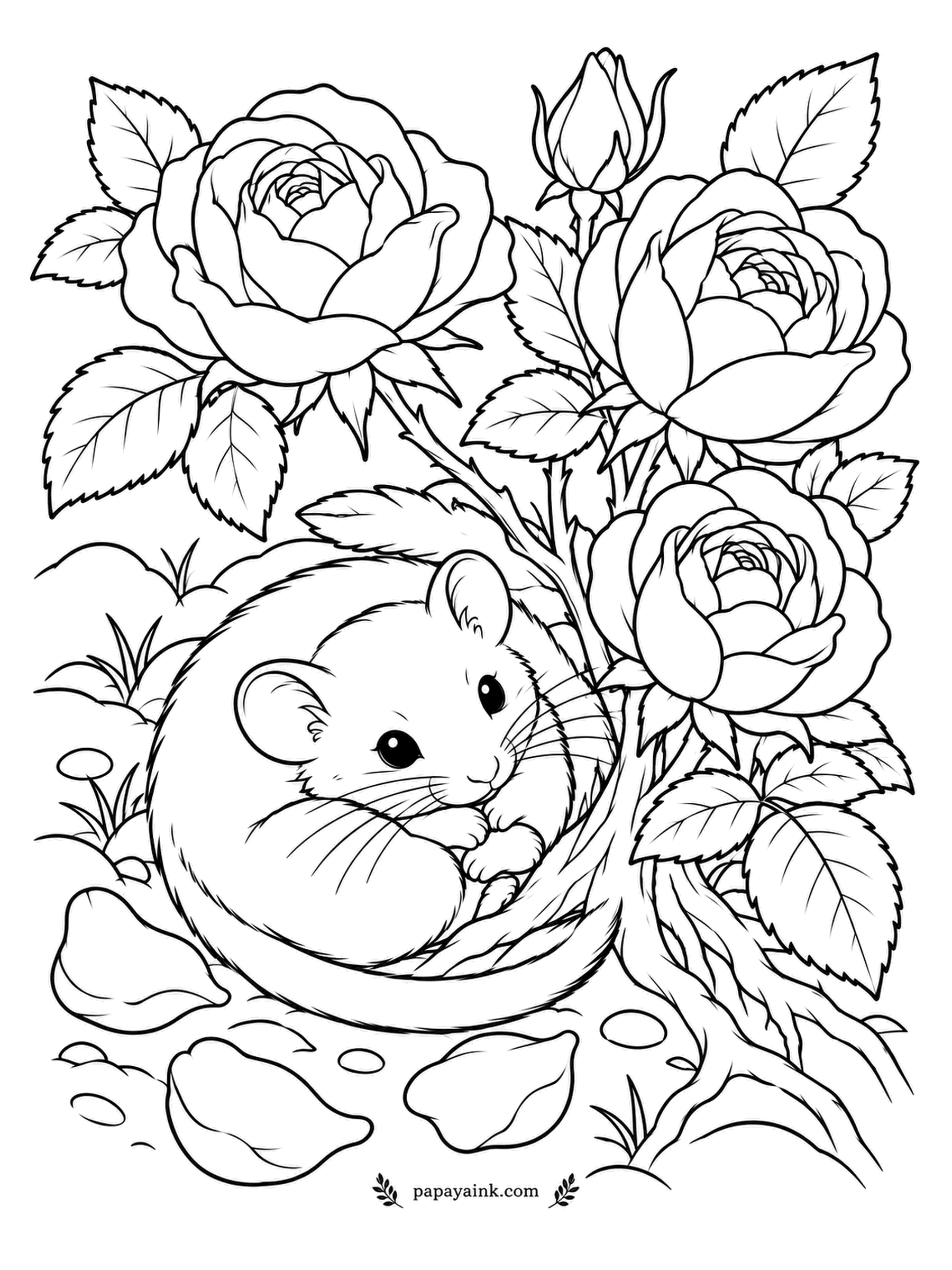 Rose Coloring Pages - Half the year asleep is normal for a hazel dormouse, and this one has picked a nook among rose roots for the next nap. Fallen petals make a soft doorstep. Golden-orange fur and a fluffy tail curled around the body.
