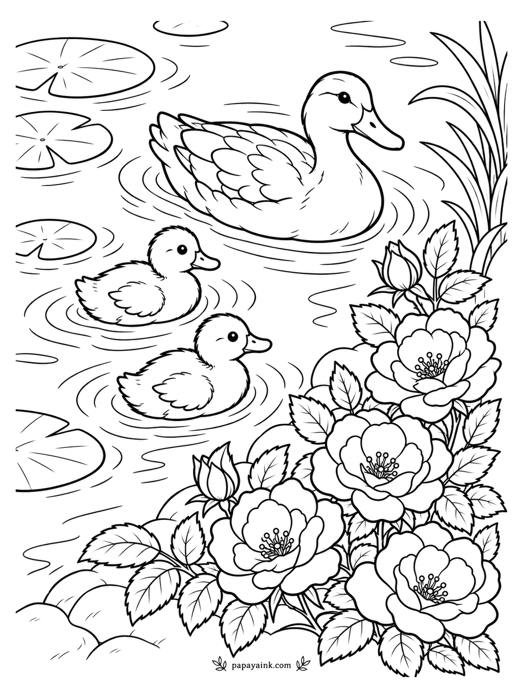 Rose Coloring Pages - Ducklings follow the first moving thing they see after hatching, which is why these two stay so close to their mother. Semi-double roses line the bank, and lily pads drift on the left. Try soft yellow for the ducklings.