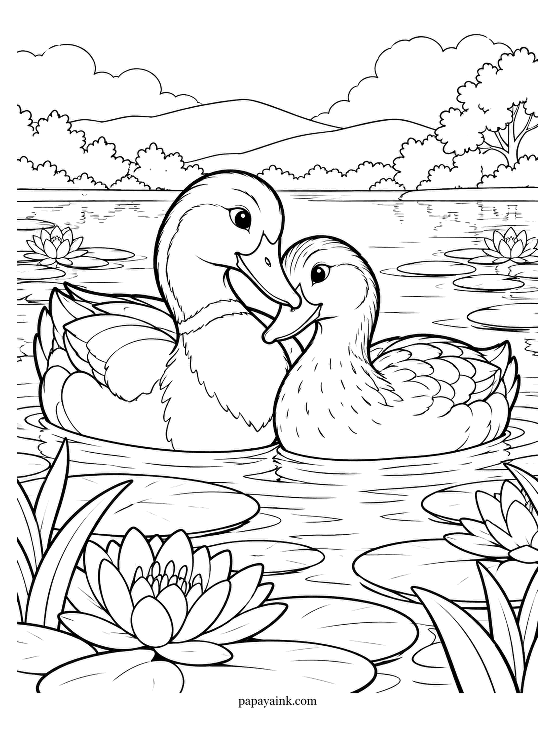 Love Coloring Pages - Paddling slowly through the water lilies, two ducks lean their bills together. Lily pads cover half the pond. In a mallard pair the drake wears the glossy green head and the hen stays mottled; copy that and the pair looks real.