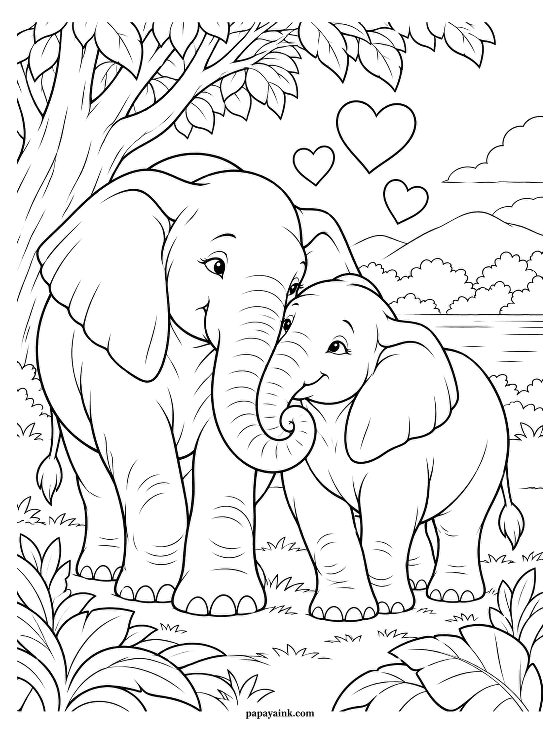 Love Coloring Pages - An elephant and her calf curl trunks together beside a broad-leafed tree. Hearts rise from her head, and hills roll off into the distance. Elephant grey is the obvious choice, but a pale lavender works surprisingly well.