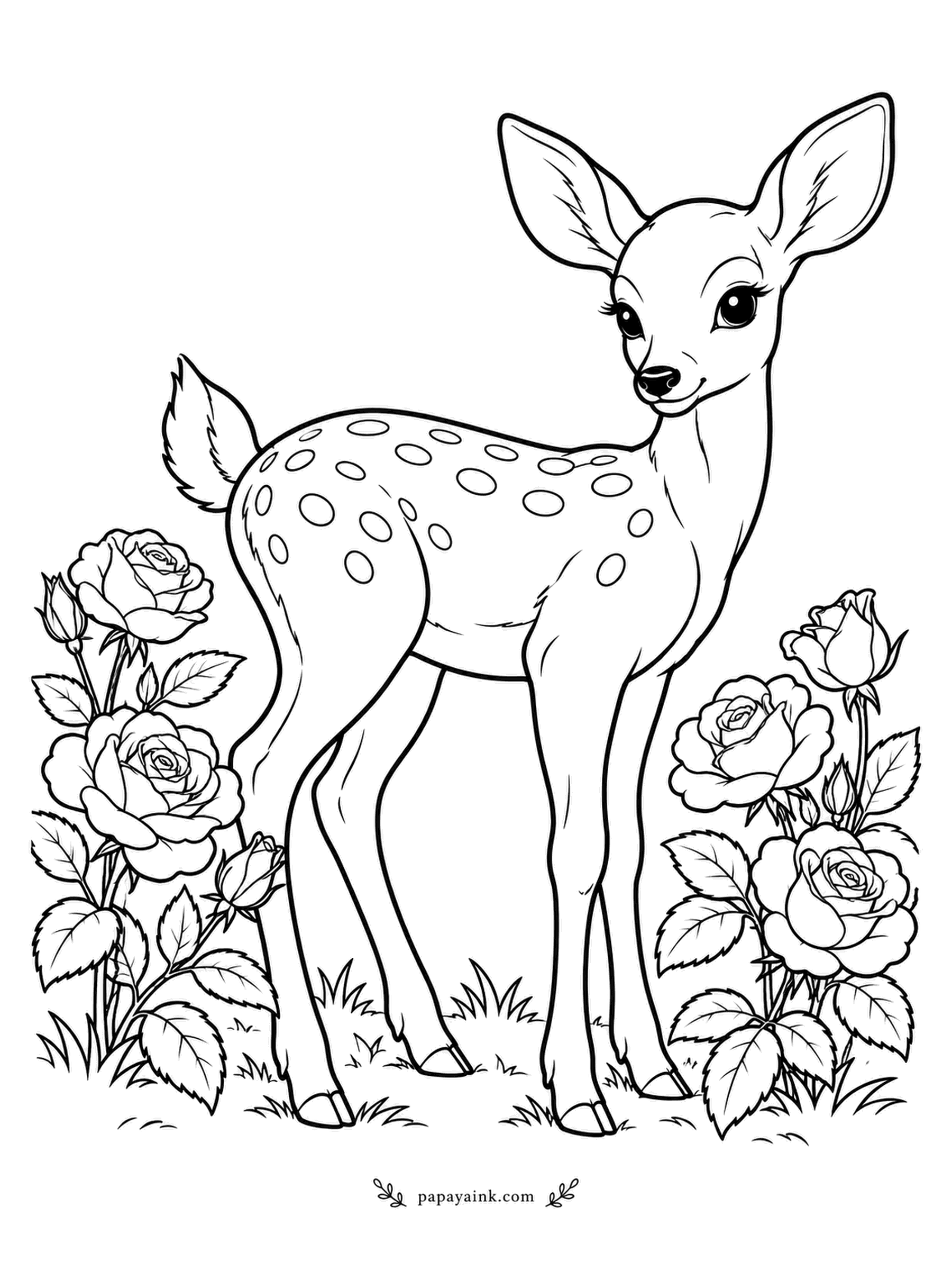 Rose Coloring Pages - Deer candy - that is what gardeners call roses, and this fawn has wandered right into the sweet shop. Its white spots, camouflage for lying still in dappled light, fade within a few months. Warm reddish-brown with cream spots.