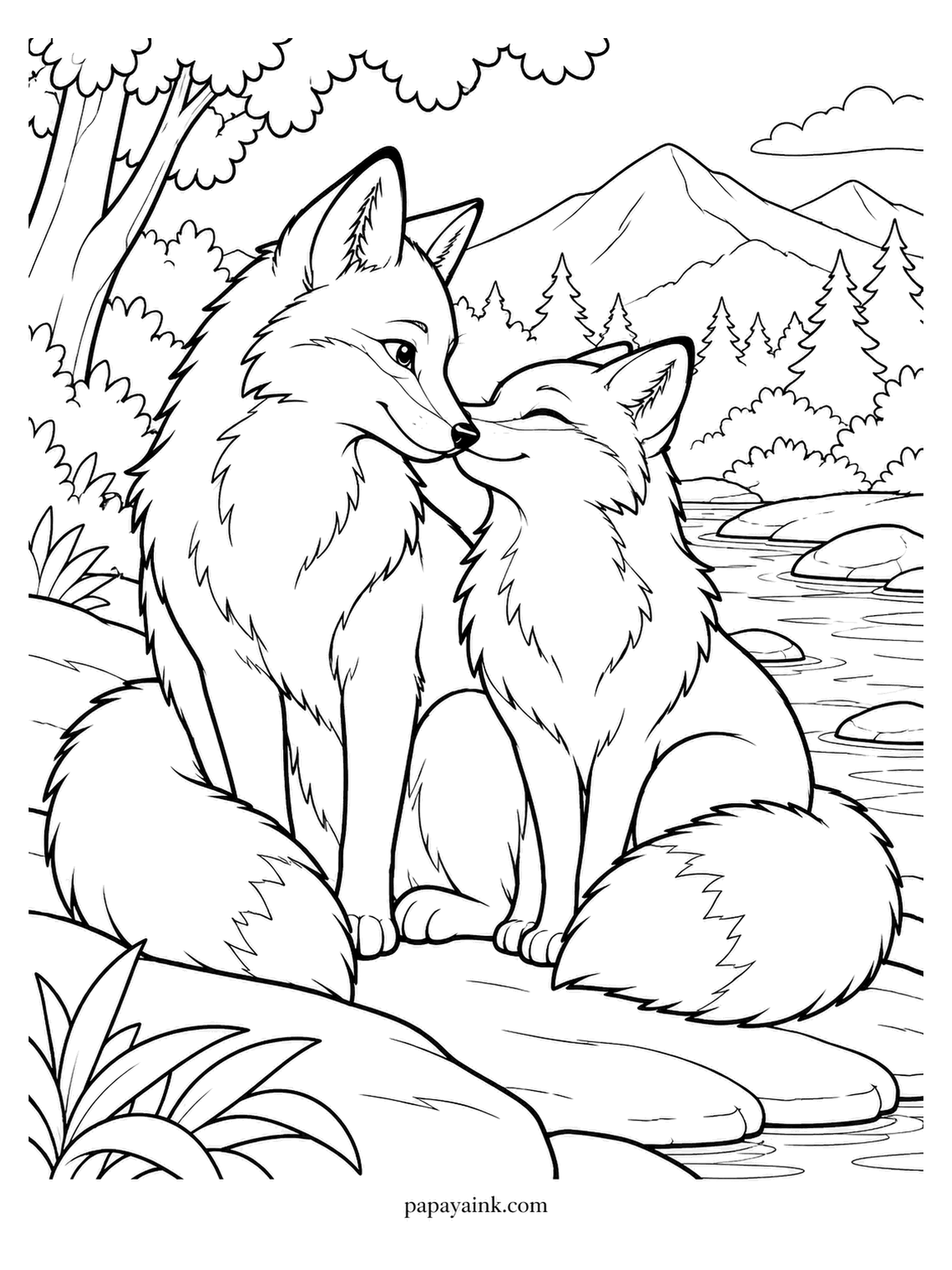 Love Coloring Pages - On a flat rock by a forest stream, one fox closes her eyes as the other touches a muzzle to her cheek. Upstream, the water bends toward a mountain. Two oranges, one darker, keep the foxes apart where their fur meets.