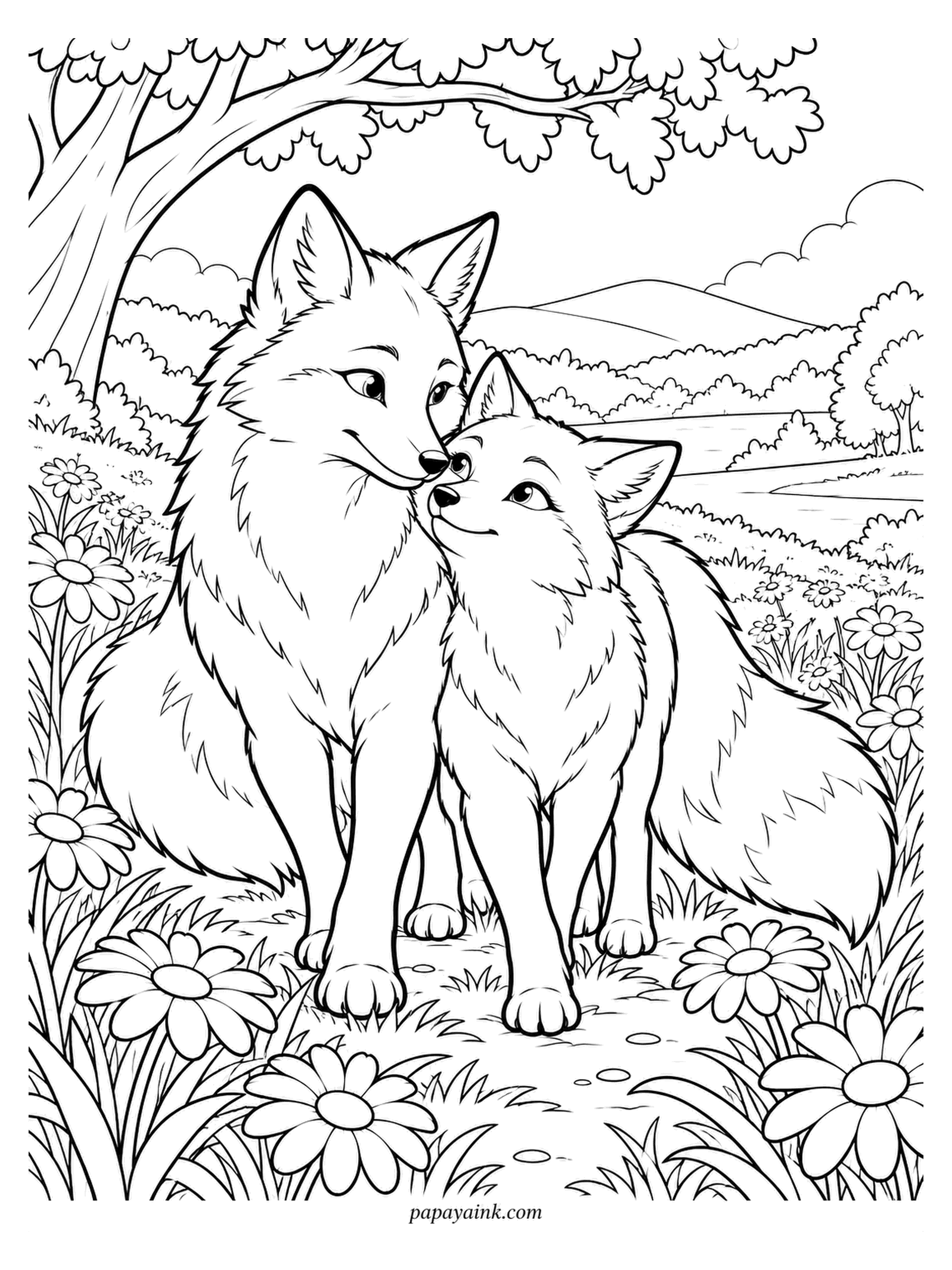 Love Coloring Pages - Wading through big daisies, the foxes walk pressed side to side, the smaller one turned toward the larger. A river runs out to the hills. Daisies are quick - white petals, yellow centers - which leaves time for the fur.