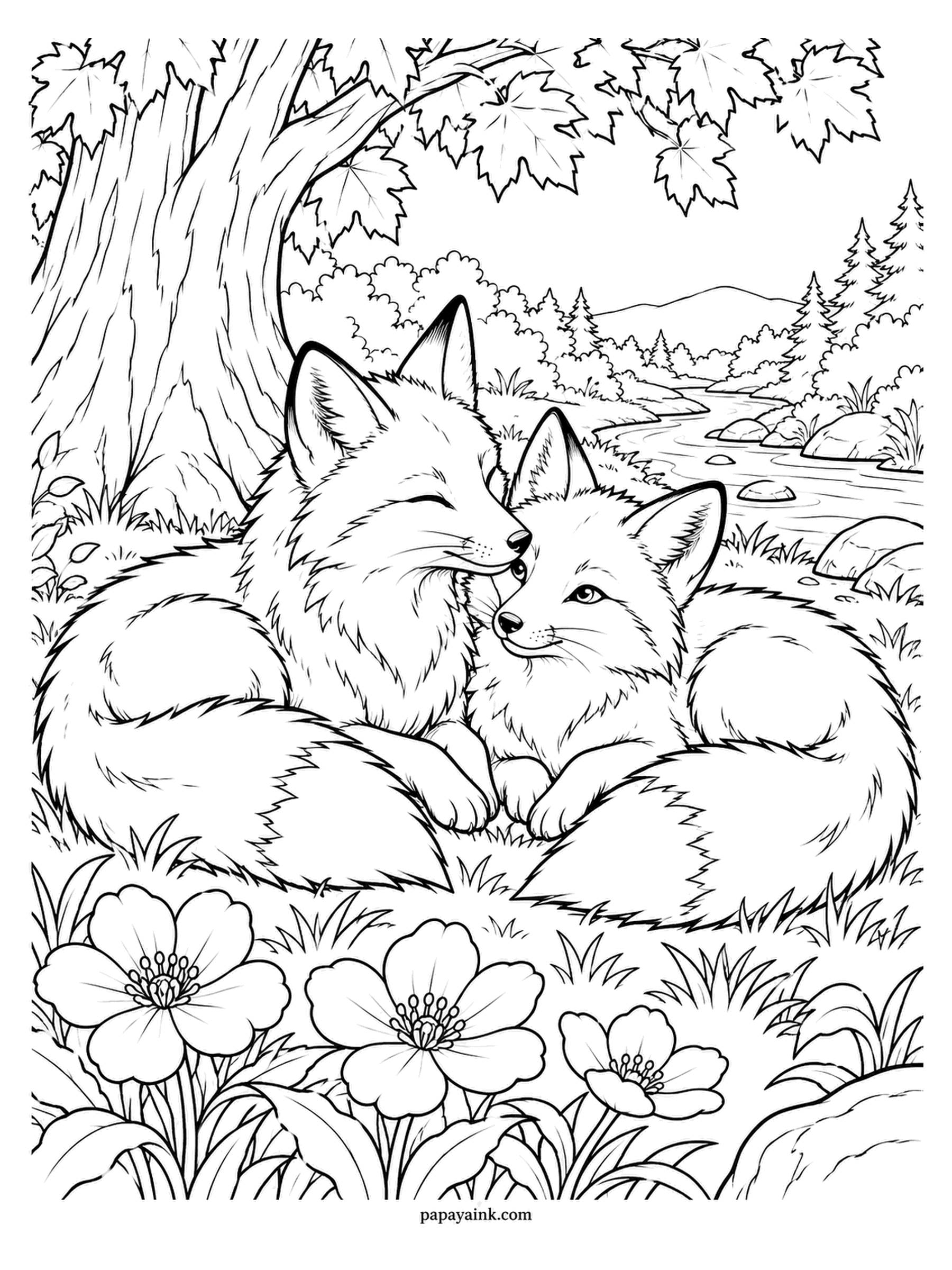 Love Coloring Pages - Curled up together on the forest floor, muzzles touching, maple leaves overhead and a stream running past the roots. Wide-petaled flowers line the bottom edge. Rust orange for the fur, cream for the chests and the tail tips.