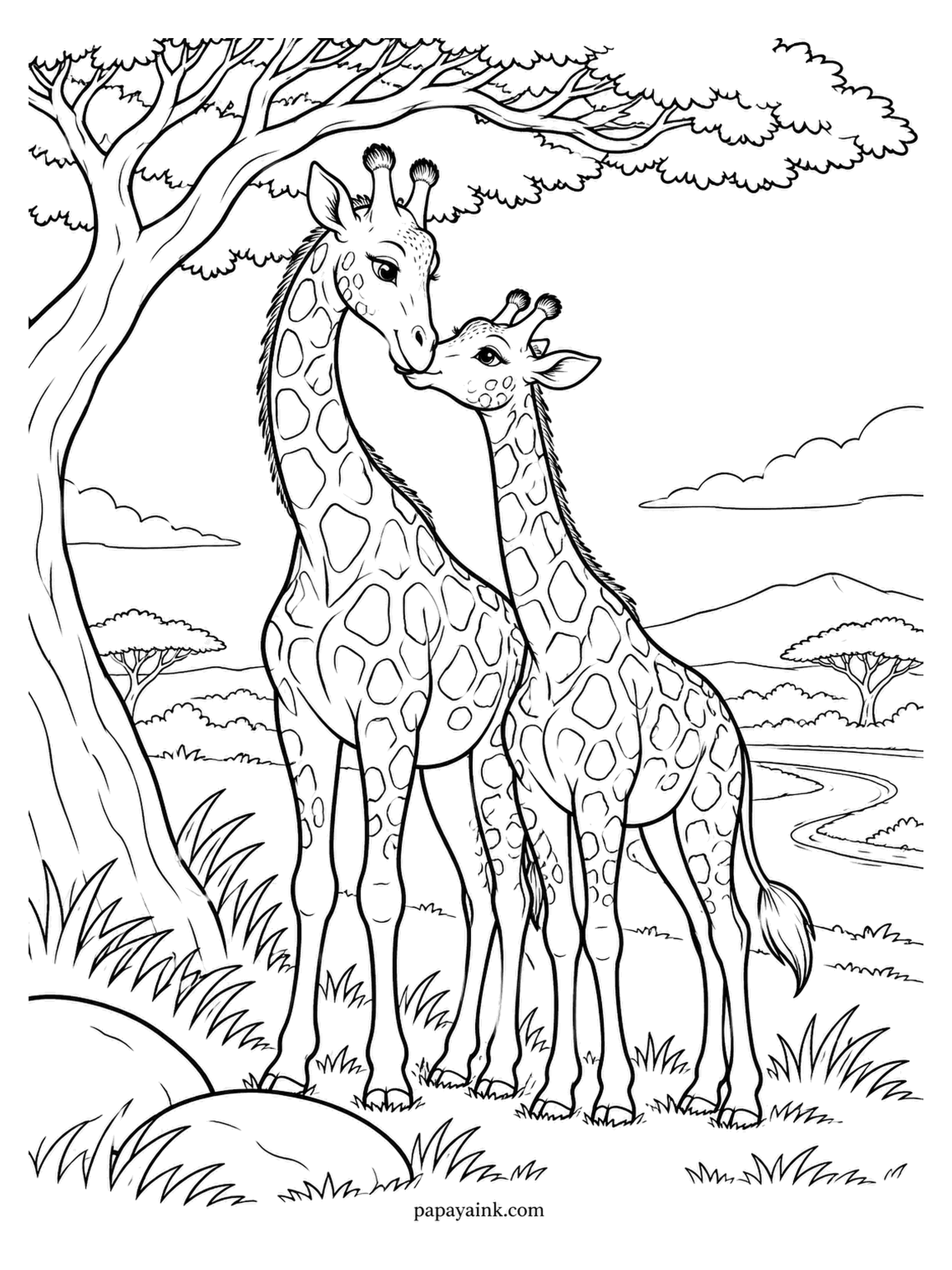 Love Coloring Pages - A giraffe bends her neck down to a younger one under an acacia until their muzzles meet. A river winds across the open savanna. Fill the patches in tan and leave the lines between them cream.