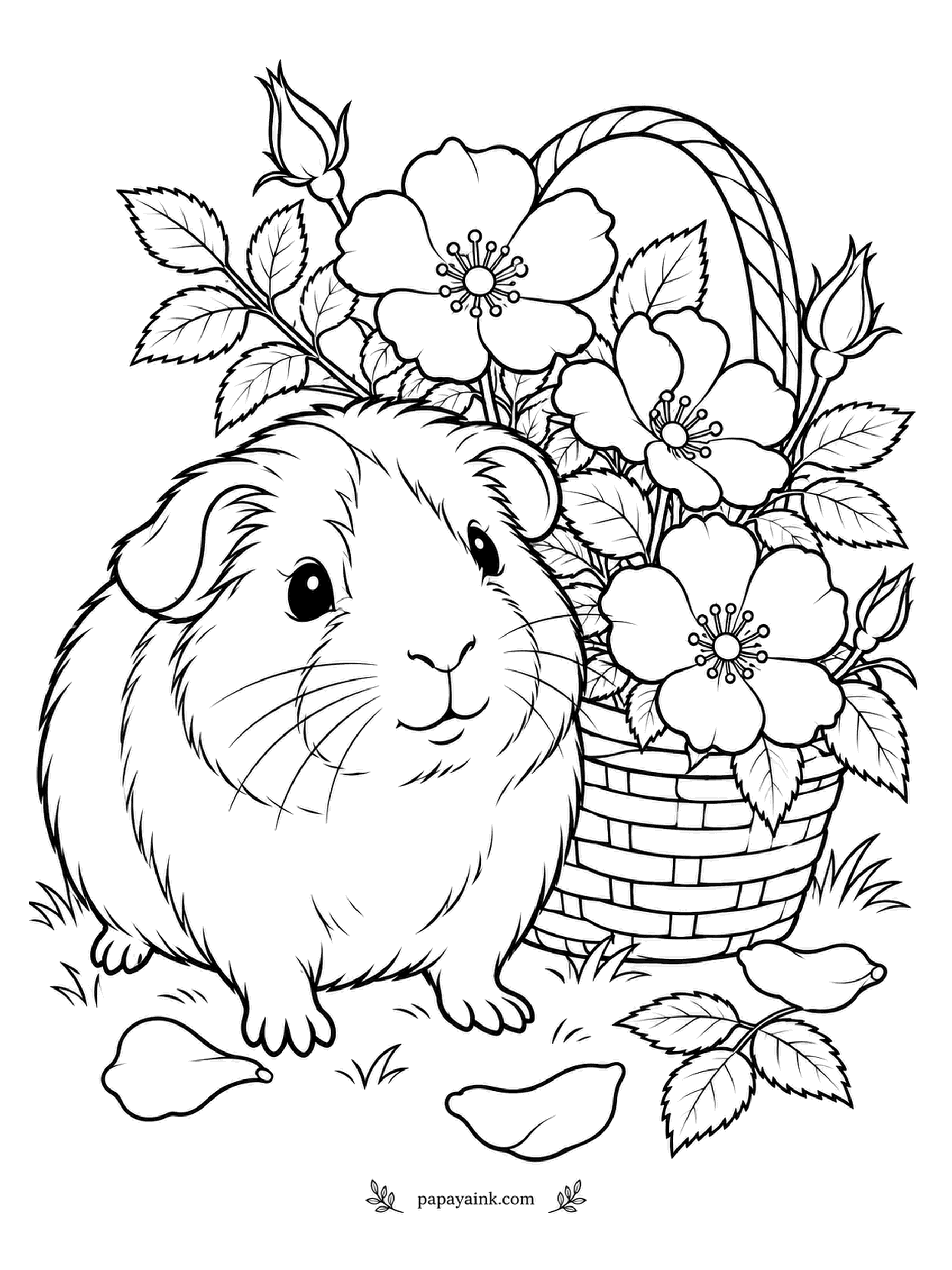Rose Coloring Pages - Round, whiskered and entirely pleased with itself, the guinea pig poses in front of a basket of wild roses as if the bouquet were its idea. Loose petals lie in the grass. Patchy brown and white fur looks lovely here.