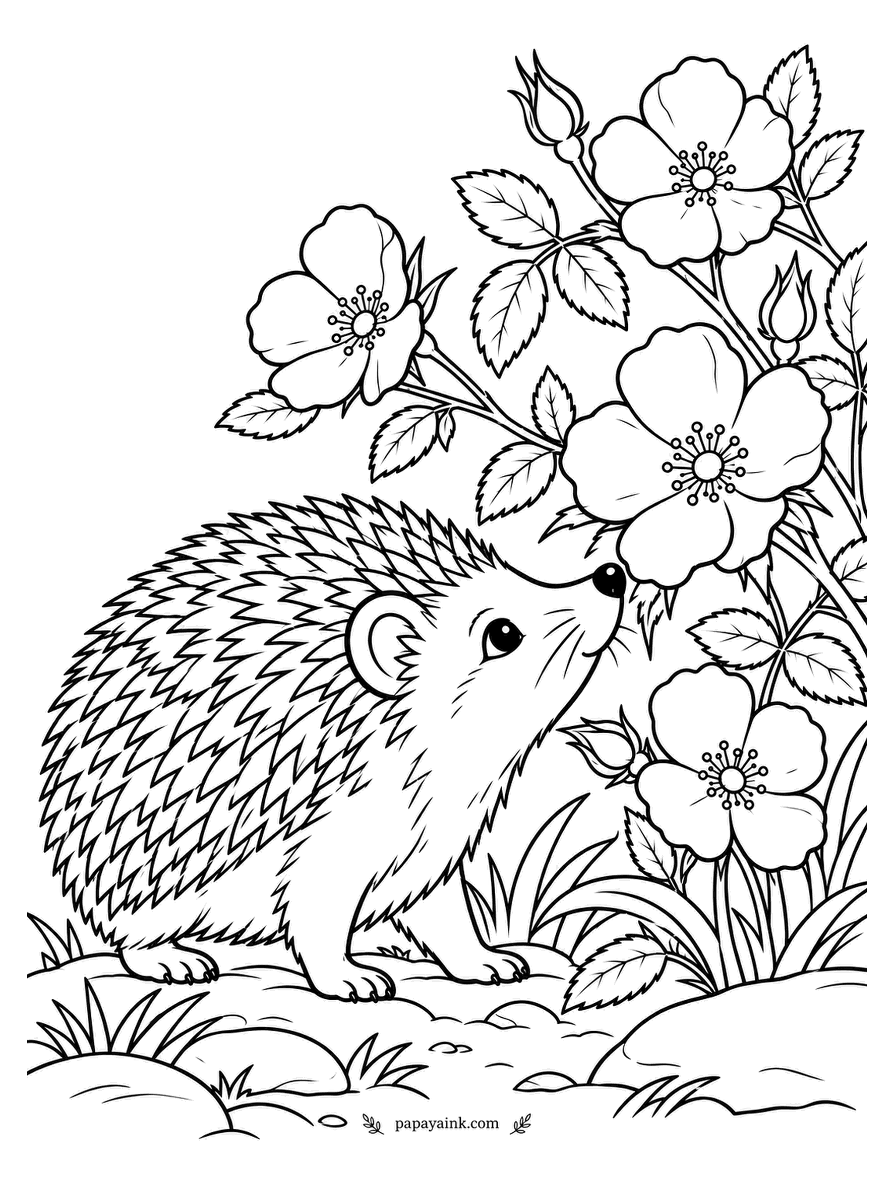 Rose Coloring Pages - On the gardener's side, for once: hedgehogs hunt slugs and beetles at night and leave the roses alone. This one is only checking the scent of a wild rose before dinner. Hatch the spines in two browns with light tips.